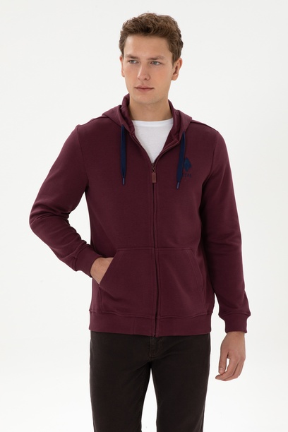 Erkek Regular Fit Regular Fit Fermuarlı Kapüşonlu Bordo Örme Hırka