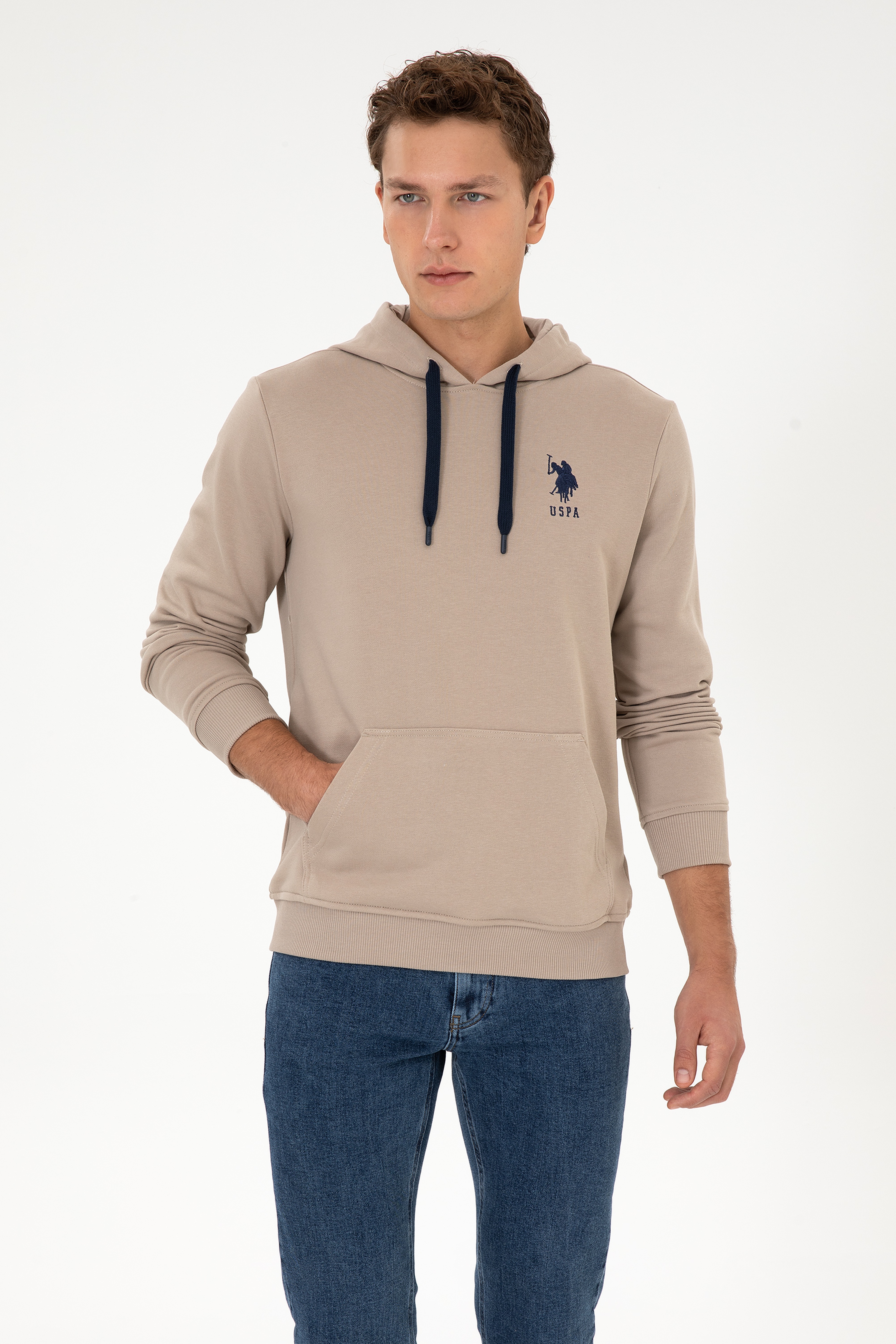 Erkek Regular Fit Kapüşonlu Koyu Bej Basic Sweatshirt - Image 1