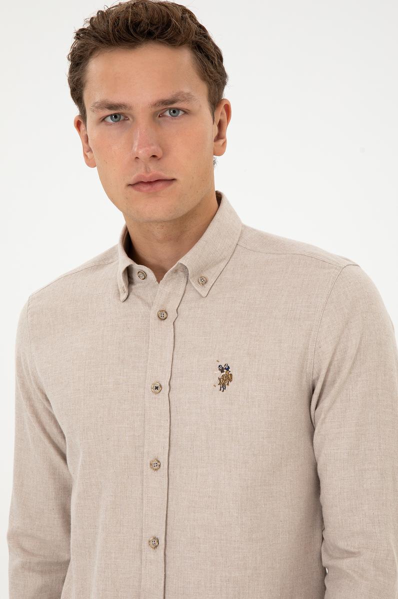 Erkek Koyu Bej Uzun Kollu Basic Gömlek