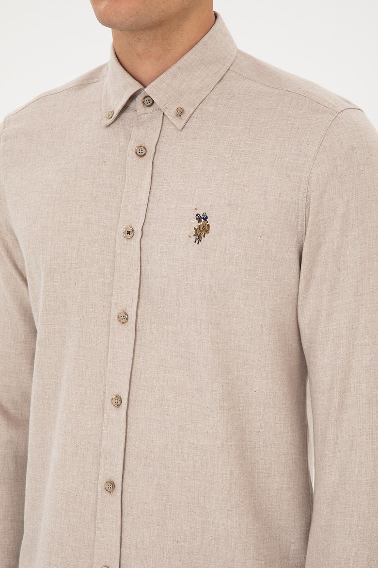 Erkek Koyu Bej Uzun Kollu Basic Gömlek - 50307686159