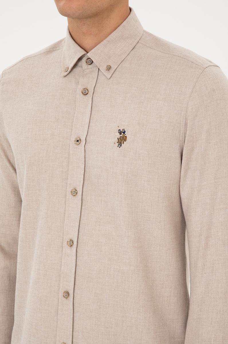 Erkek Koyu Bej Uzun Kollu Basic Gömlek