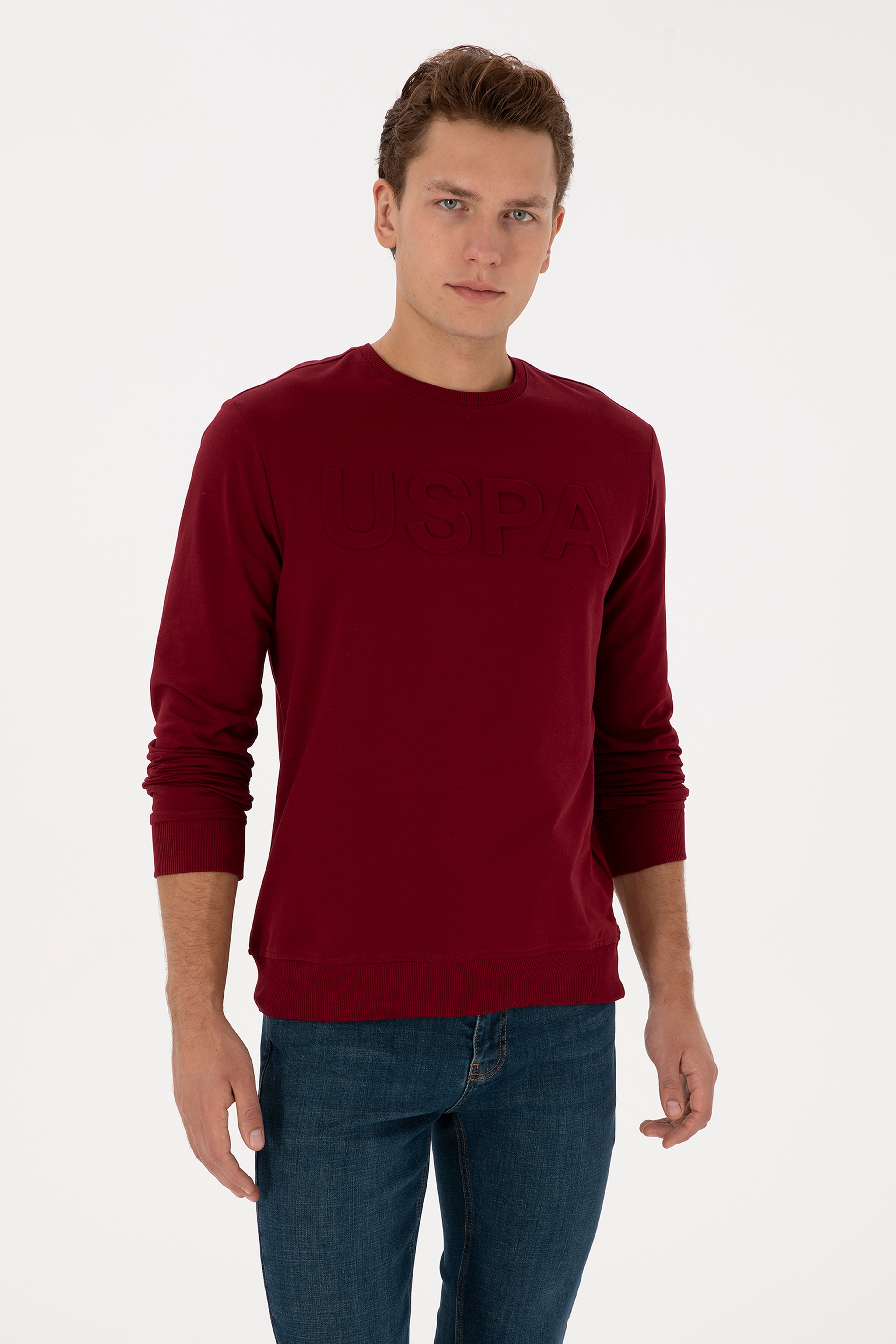 Erkek Regular Fit Bisiklet Yaka Bordo Basic Sweatshirt - Image 1