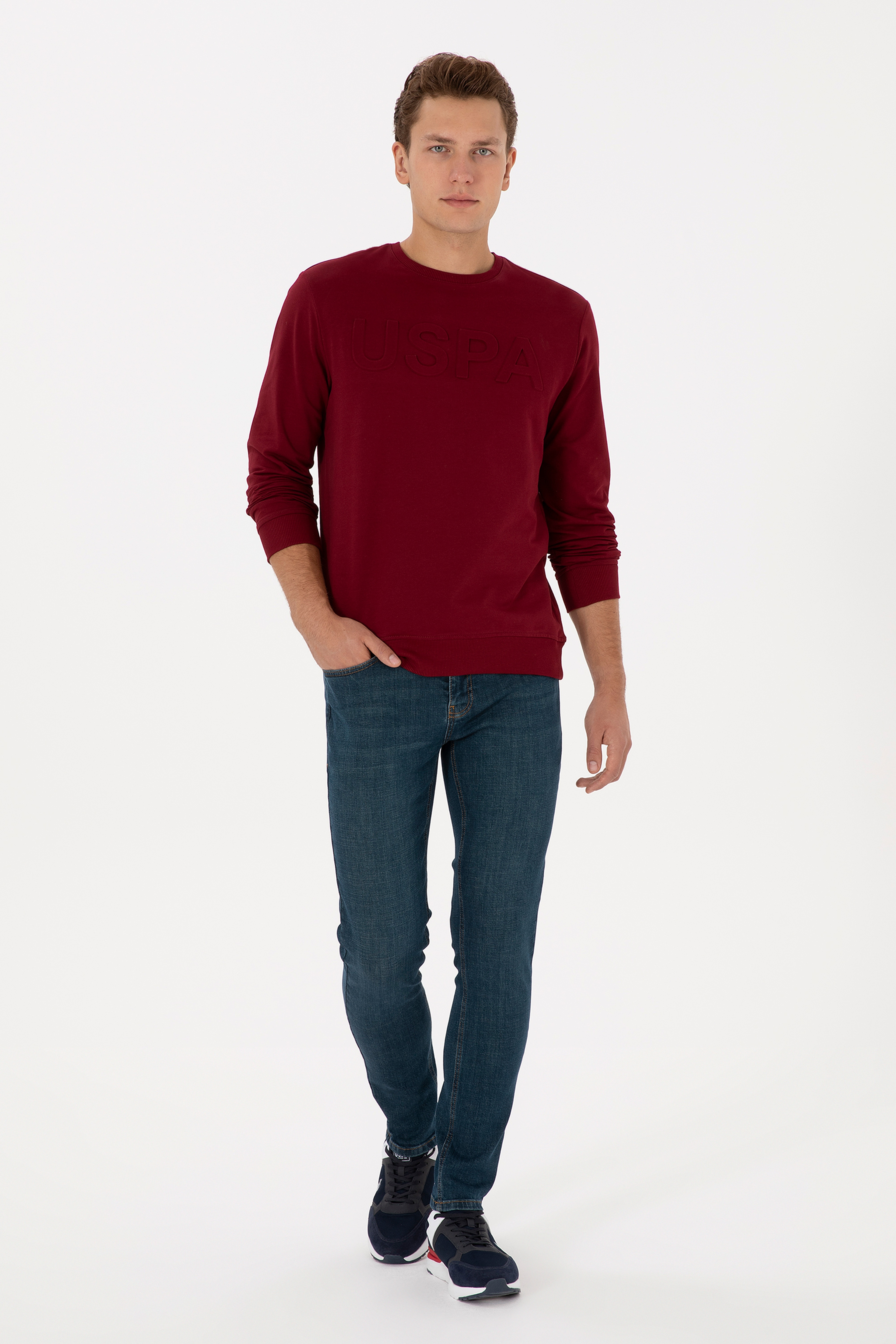 Erkek Regular Fit Bisiklet Yaka Bordo Basic Sweatshirt - Image 4