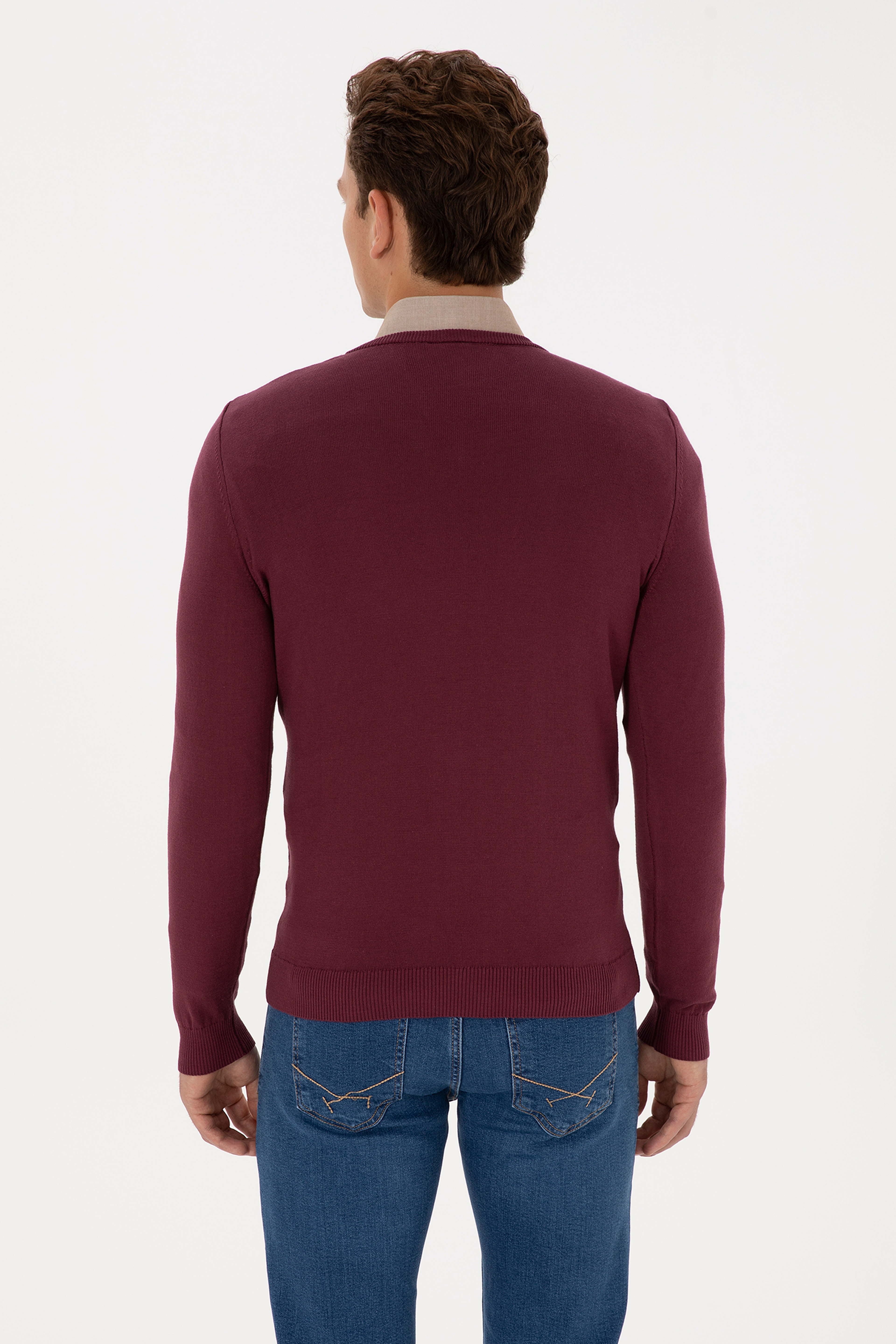 Erkek Slim Fit V Yaka Bordo Basic Kazak
