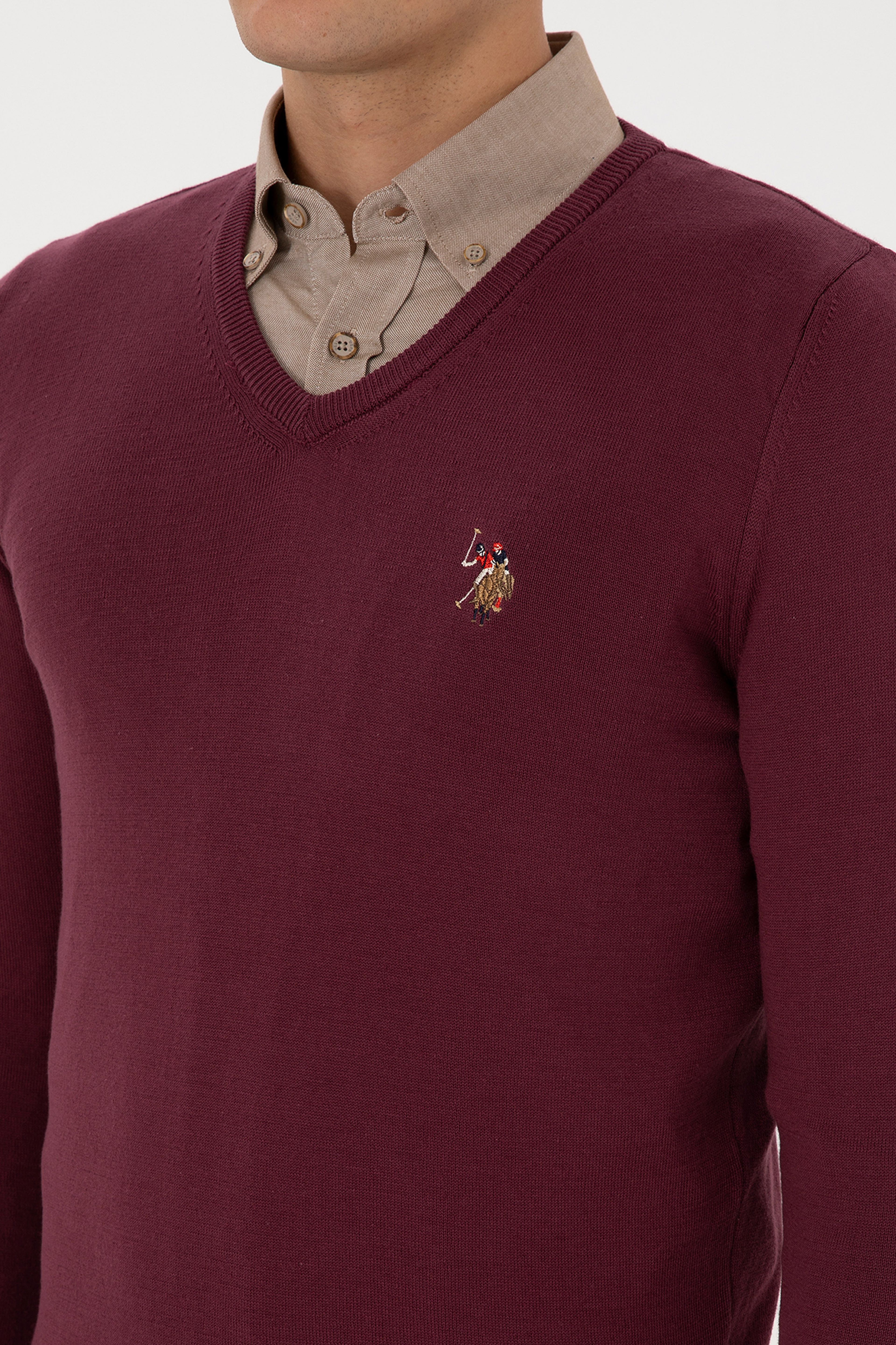 Erkek Slim Fit V Yaka Bordo Basic Kazak