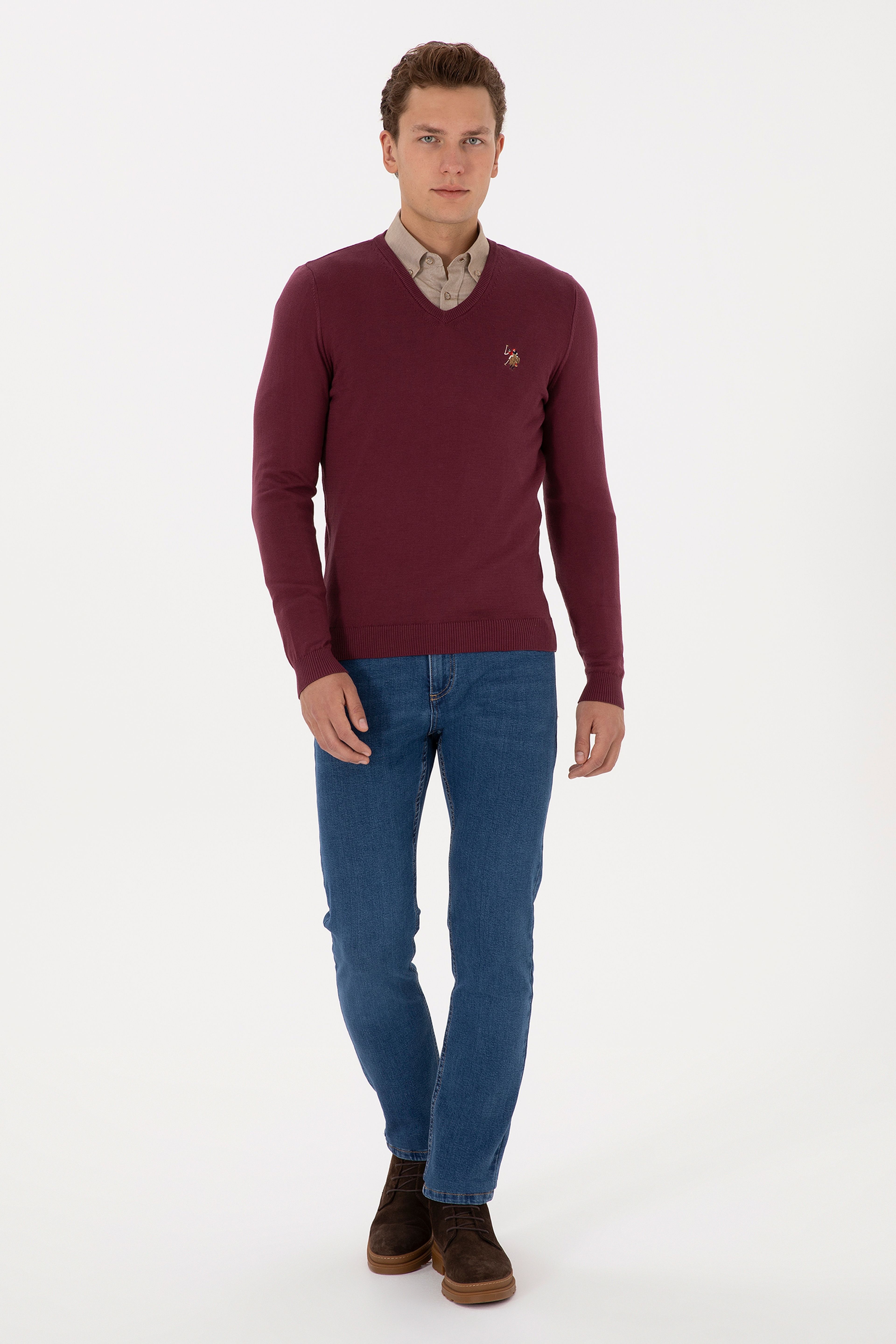 Erkek Slim Fit V Yaka Bordo Basic Kazak
