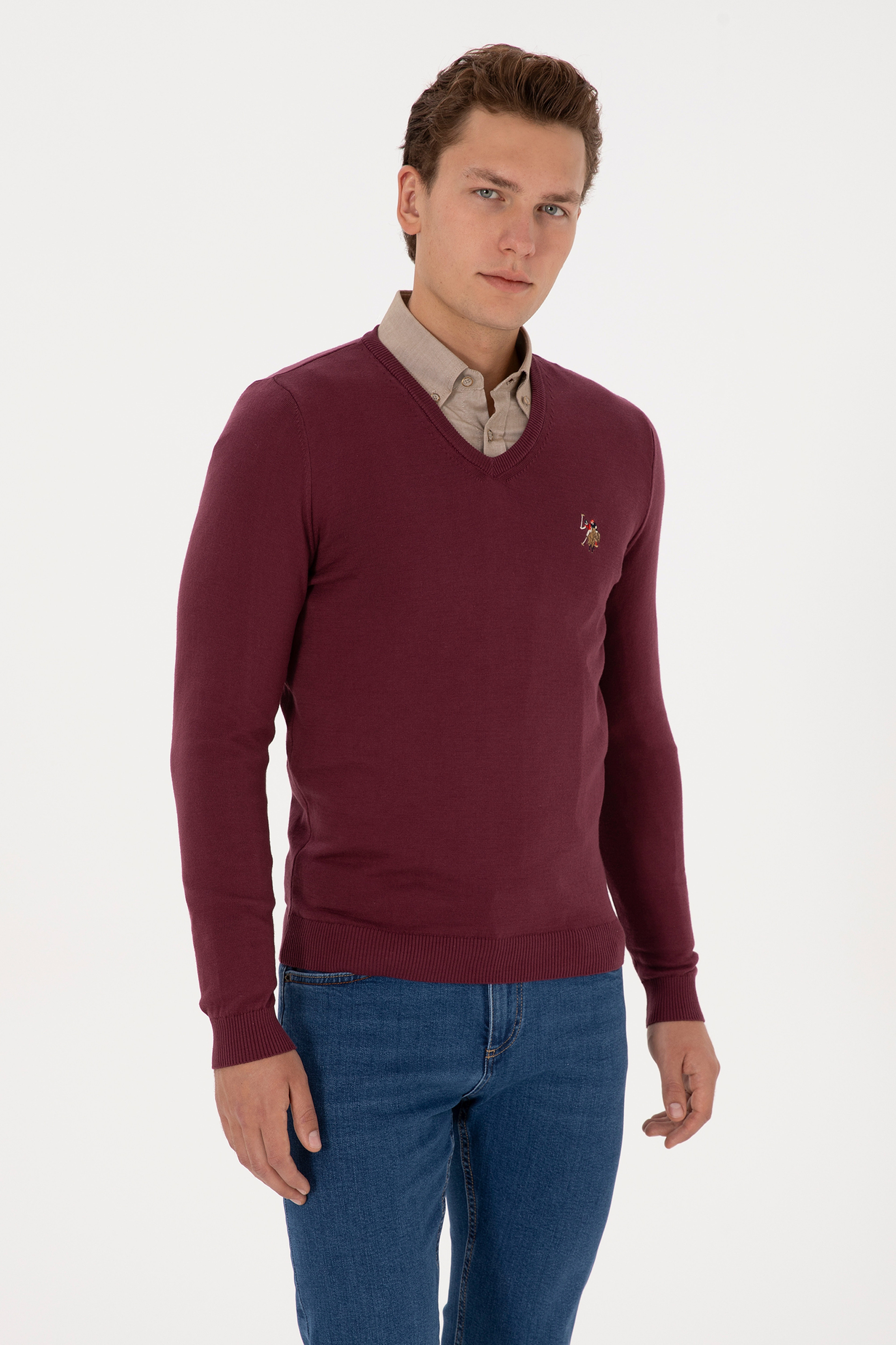 Erkek Slim Fit V Yaka Bordo Basic Kazak