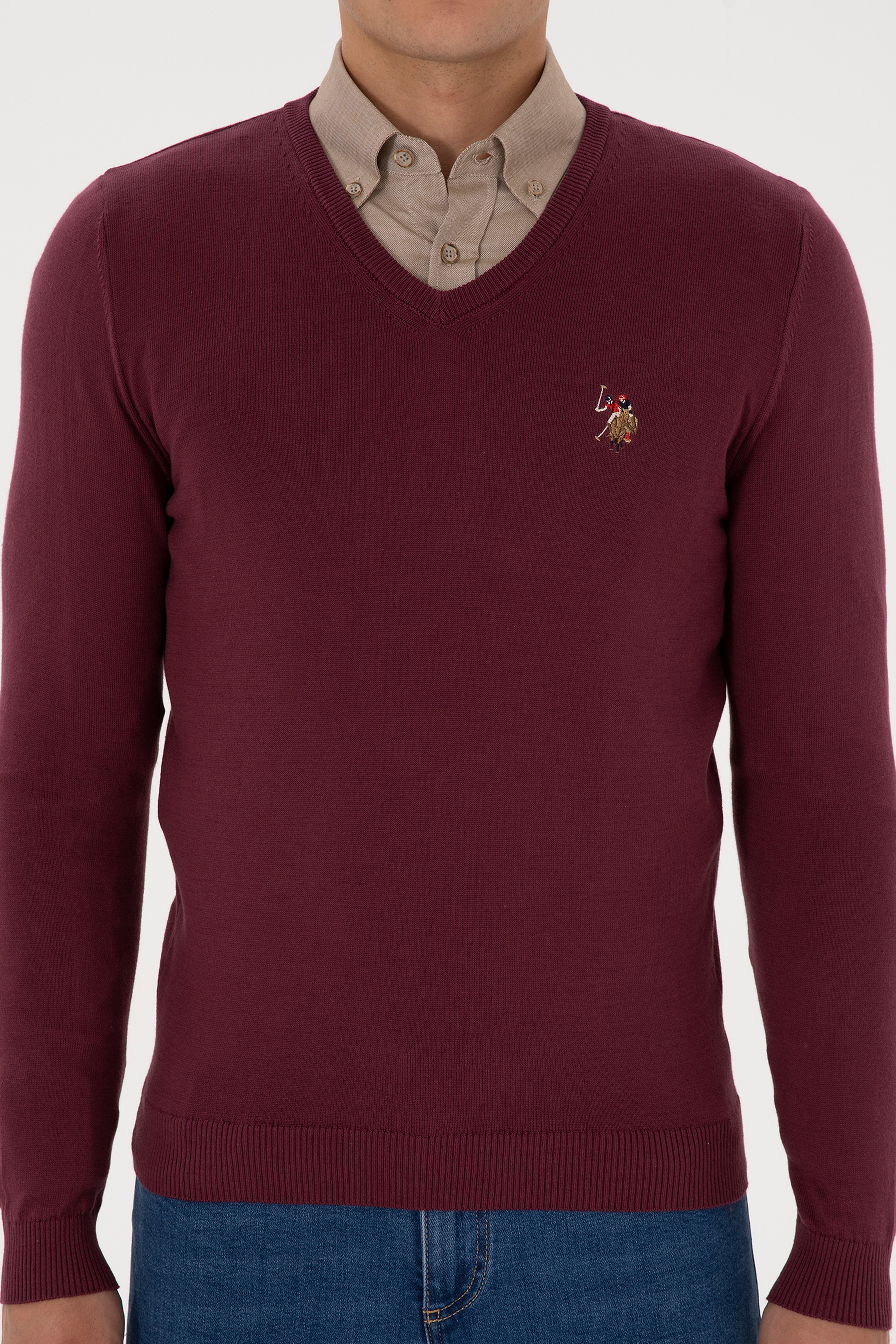 Erkek Slim Fit V Yaka Bordo Basic Kazak