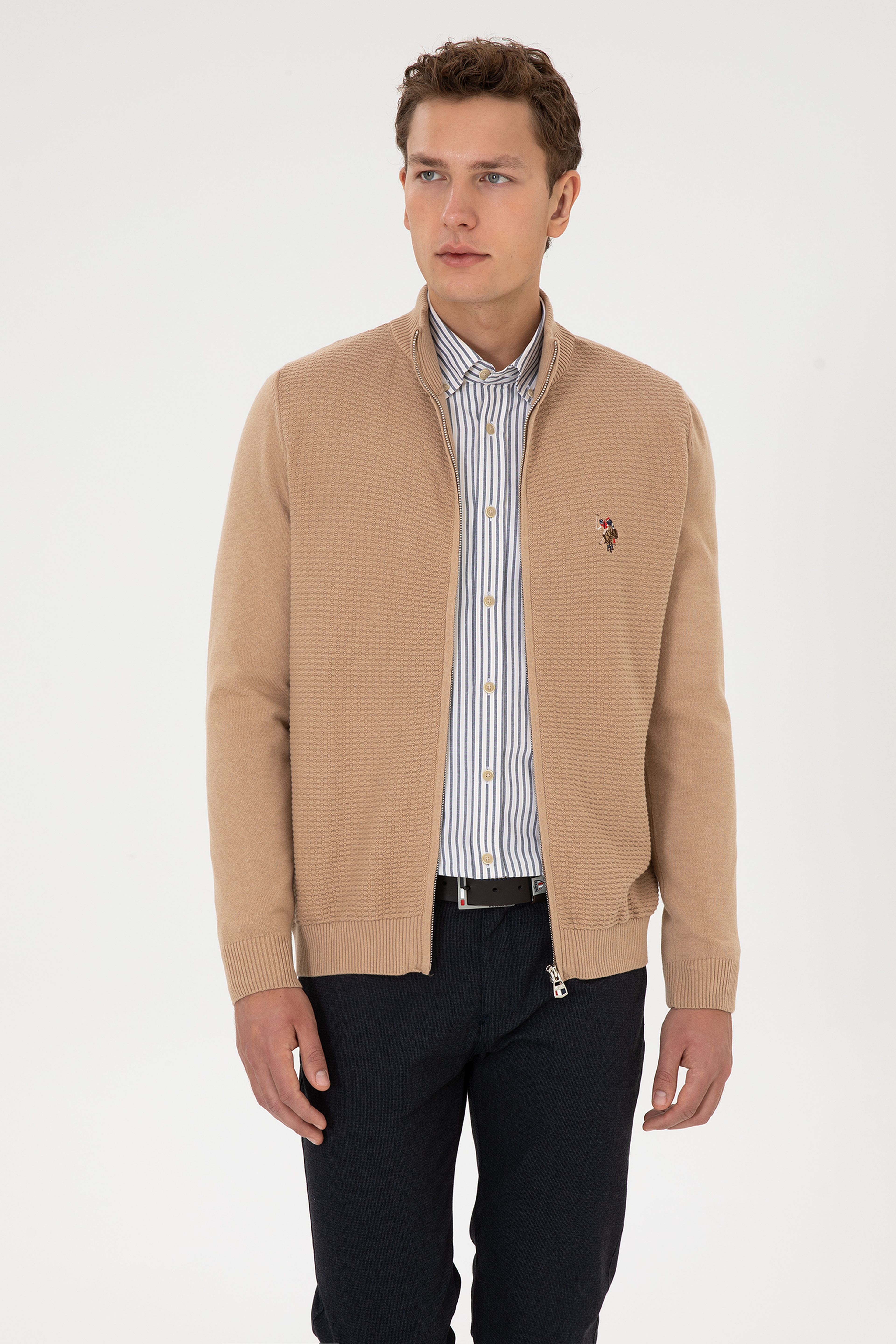 Erkek Camel Melanj Basic Triko Hırka - Image 1