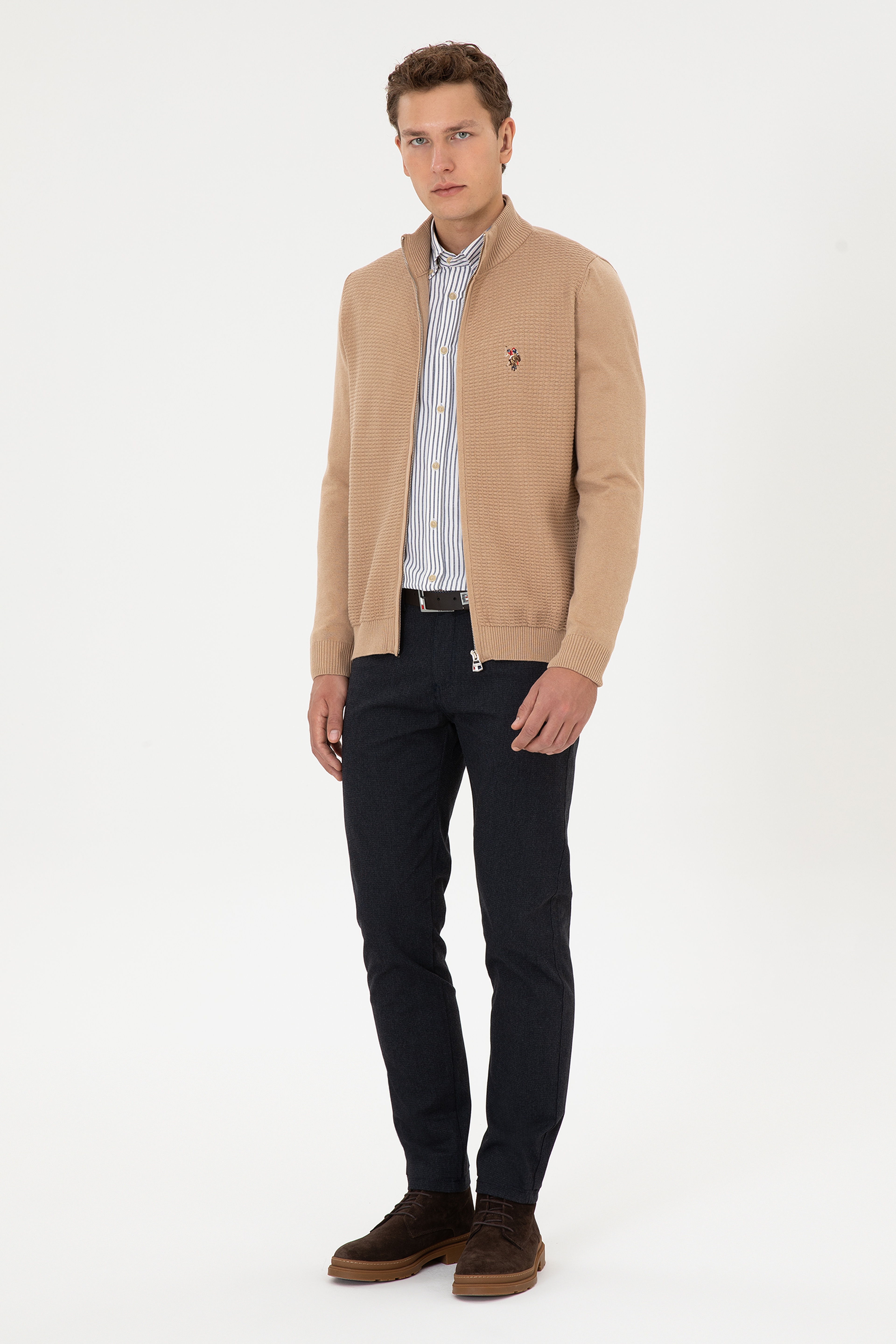 Erkek Camel Melanj Basic Triko Hırka