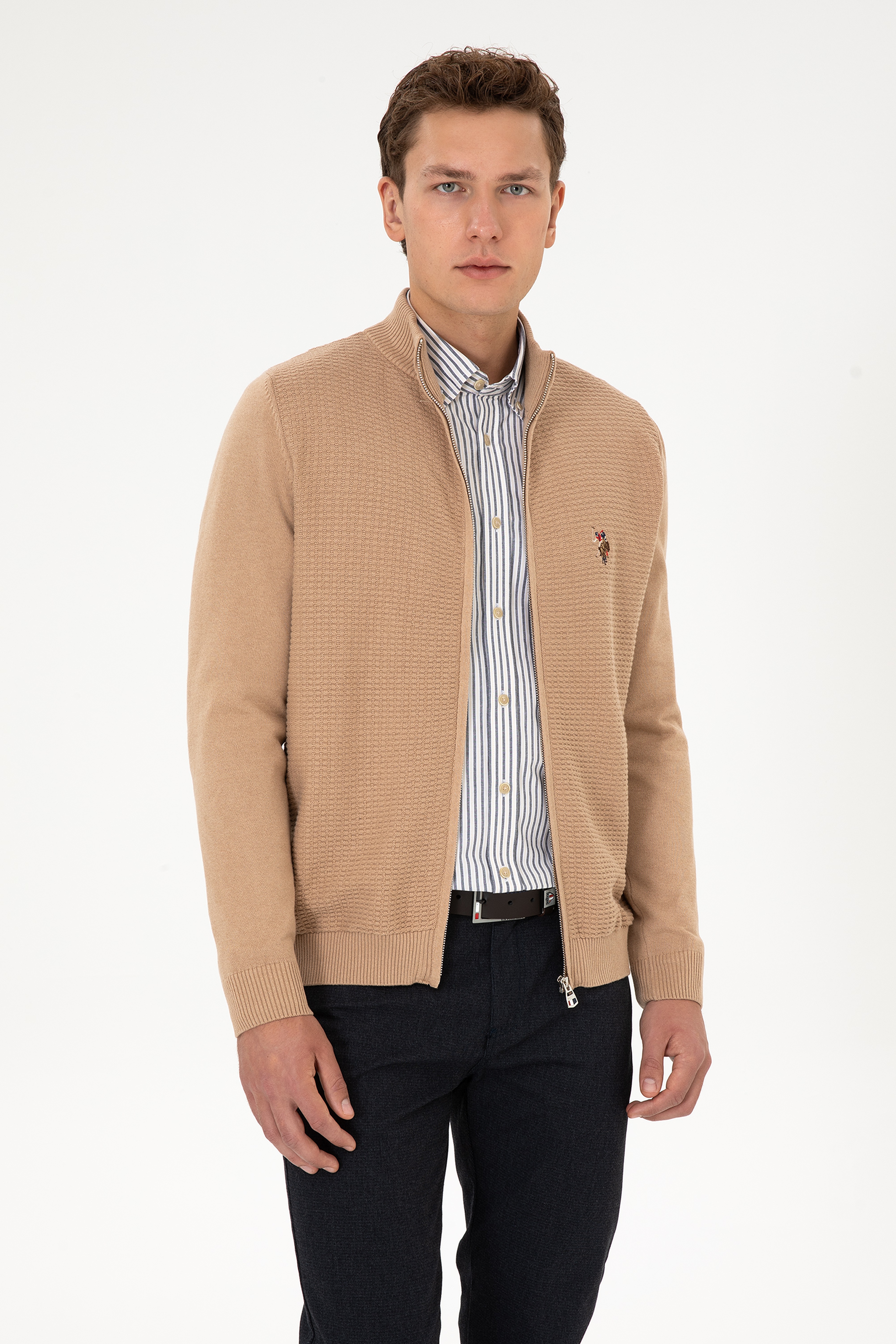 Erkek Camel Melanj Basic Triko Hırka