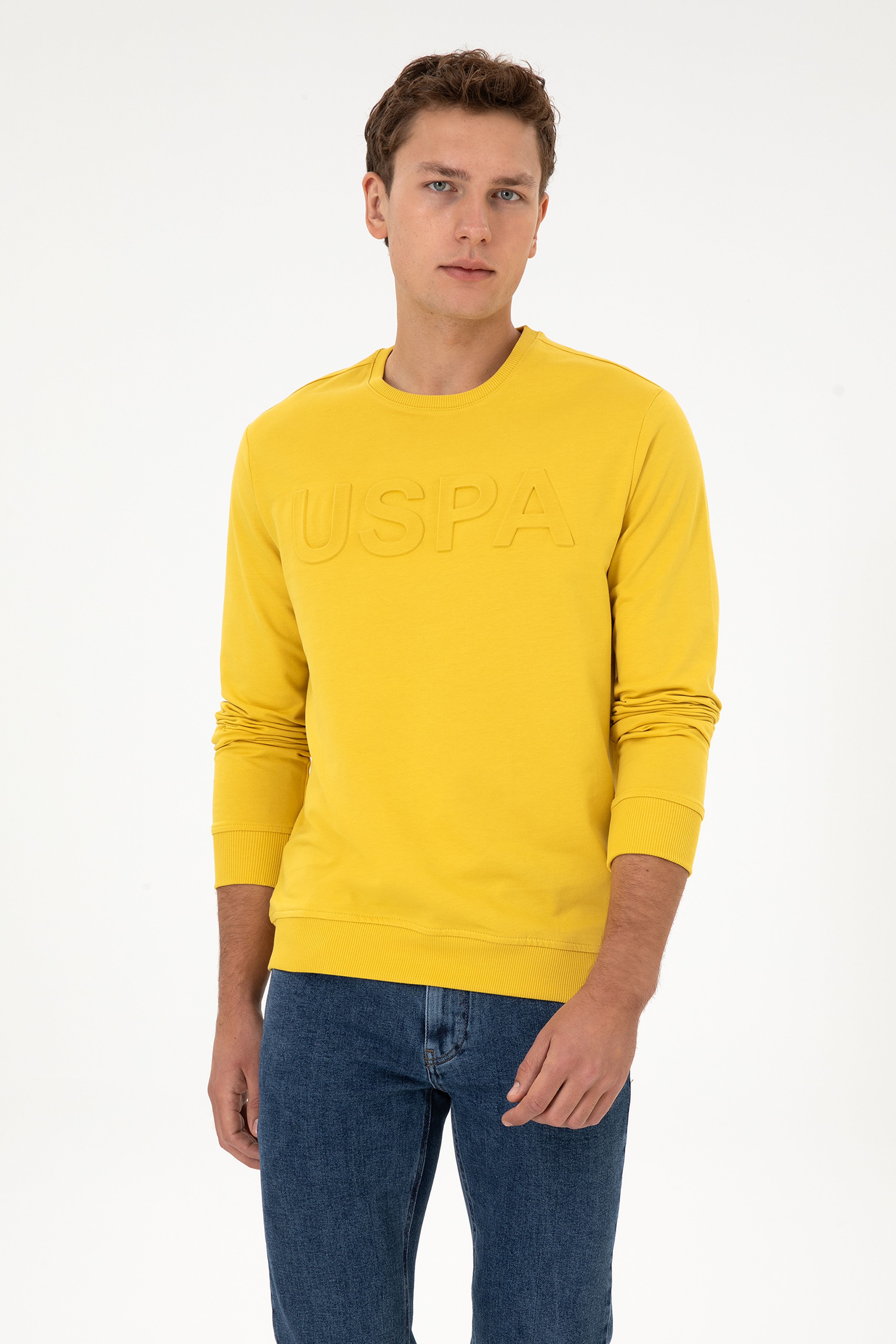 Erkek Regular Fit Bisiklet Yaka Sarı Basic Sweatshirt