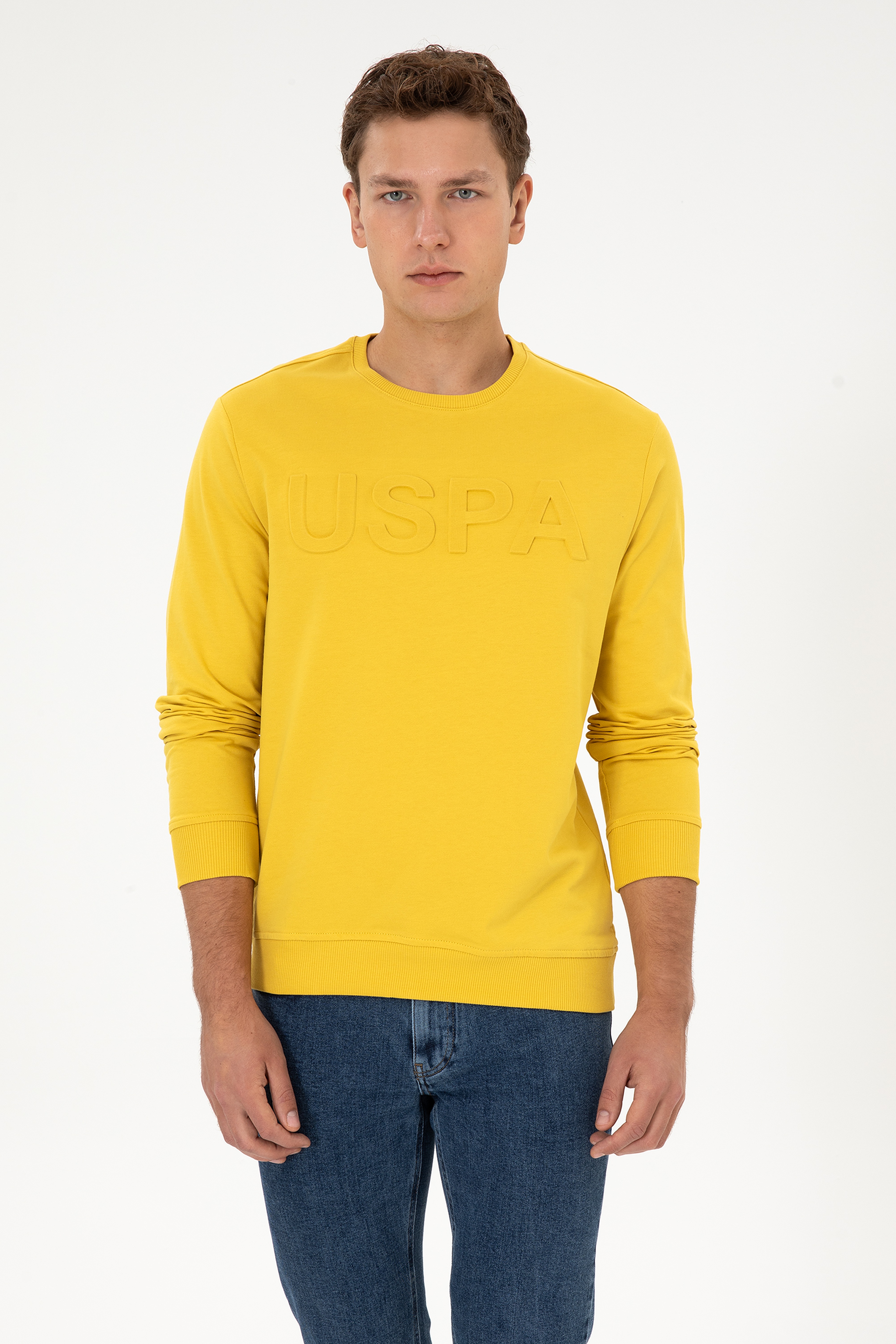 Erkek Regular Fit Bisiklet Yaka Sarı Basic Sweatshirt