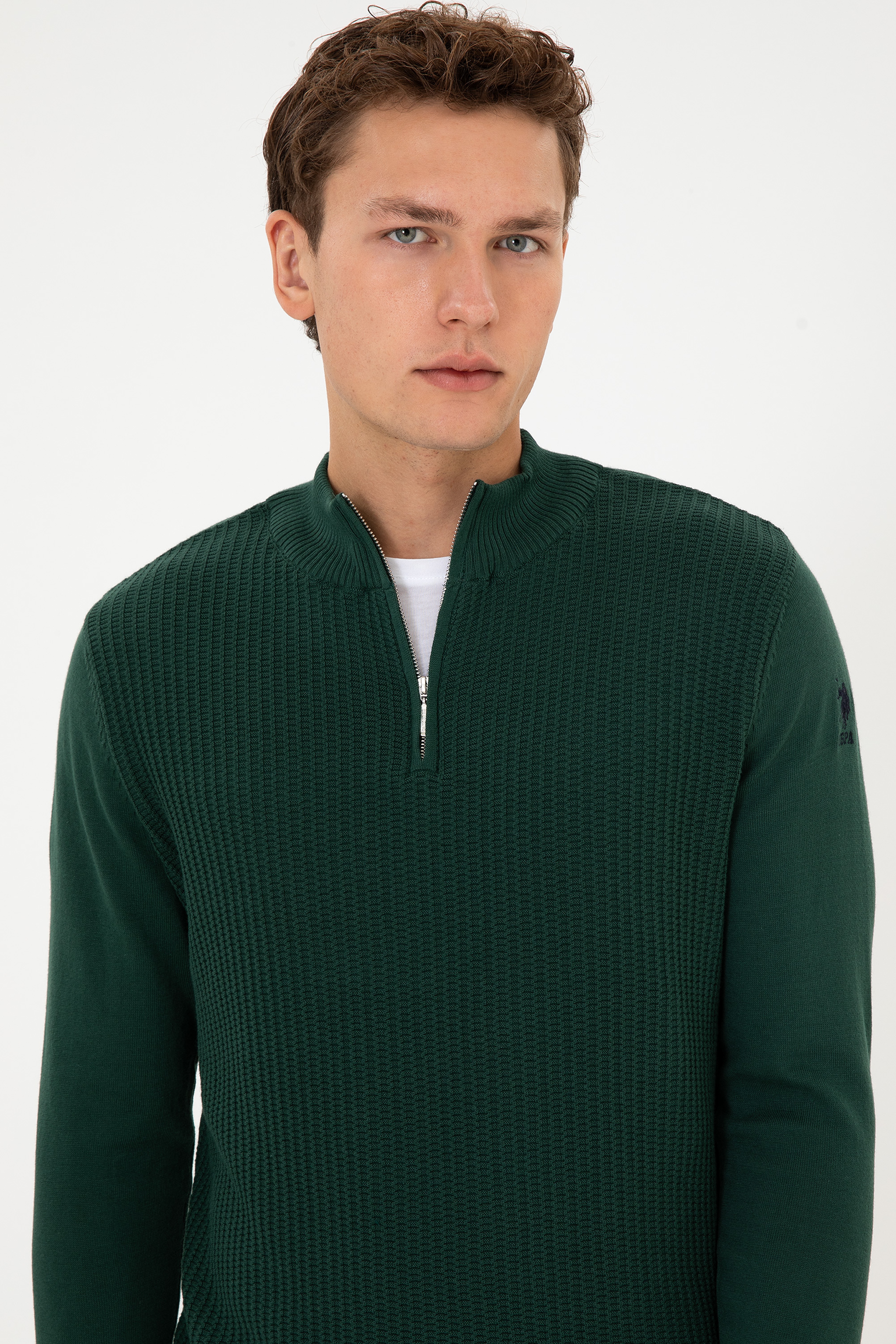 Erkek Slim Fit Yarım Fermuarlı Koyu Yeşil Kazak