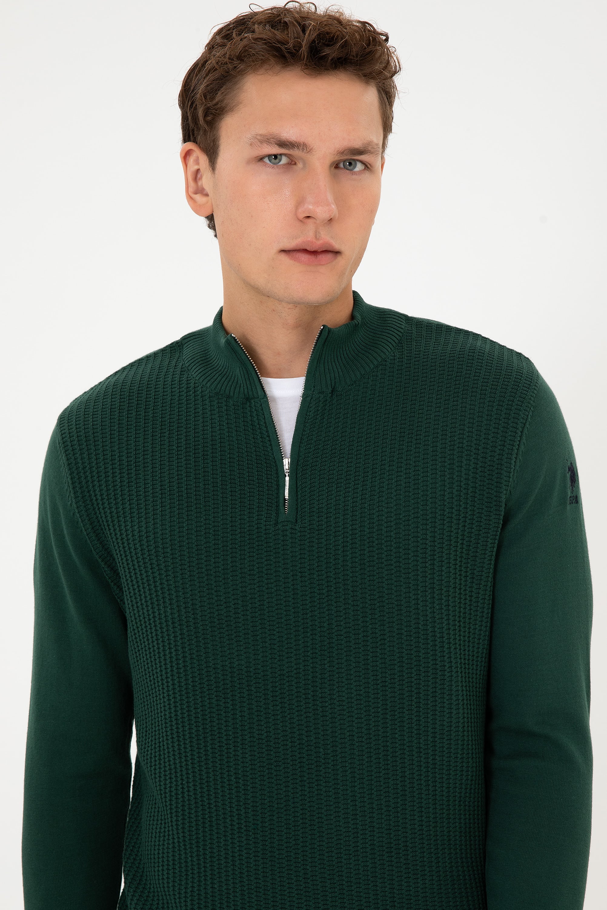 Erkek Slim Fit Yarım Fermuarlı Koyu Yeşil Kazak