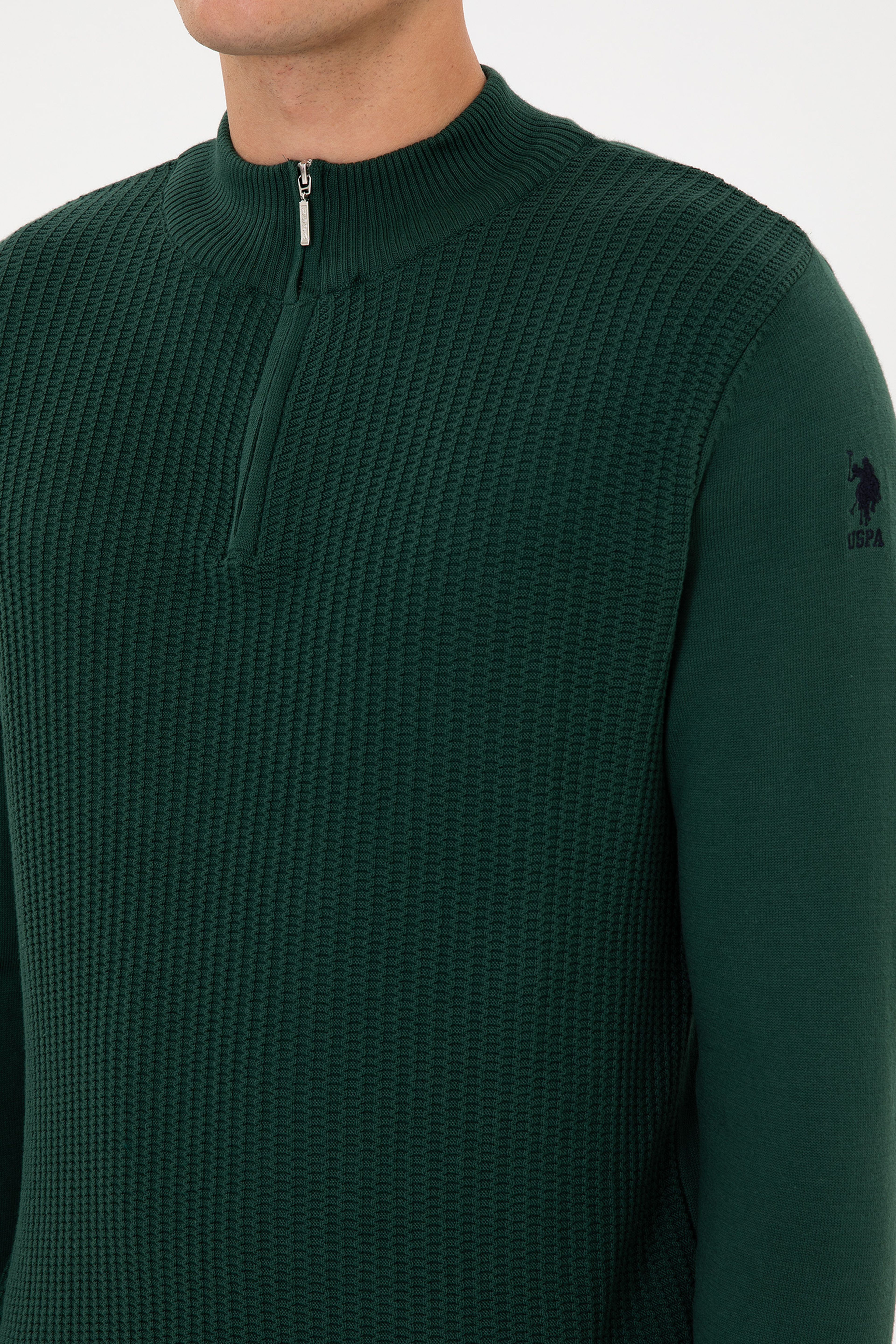 Erkek Slim Fit Yarım Fermuarlı Koyu Yeşil Kazak