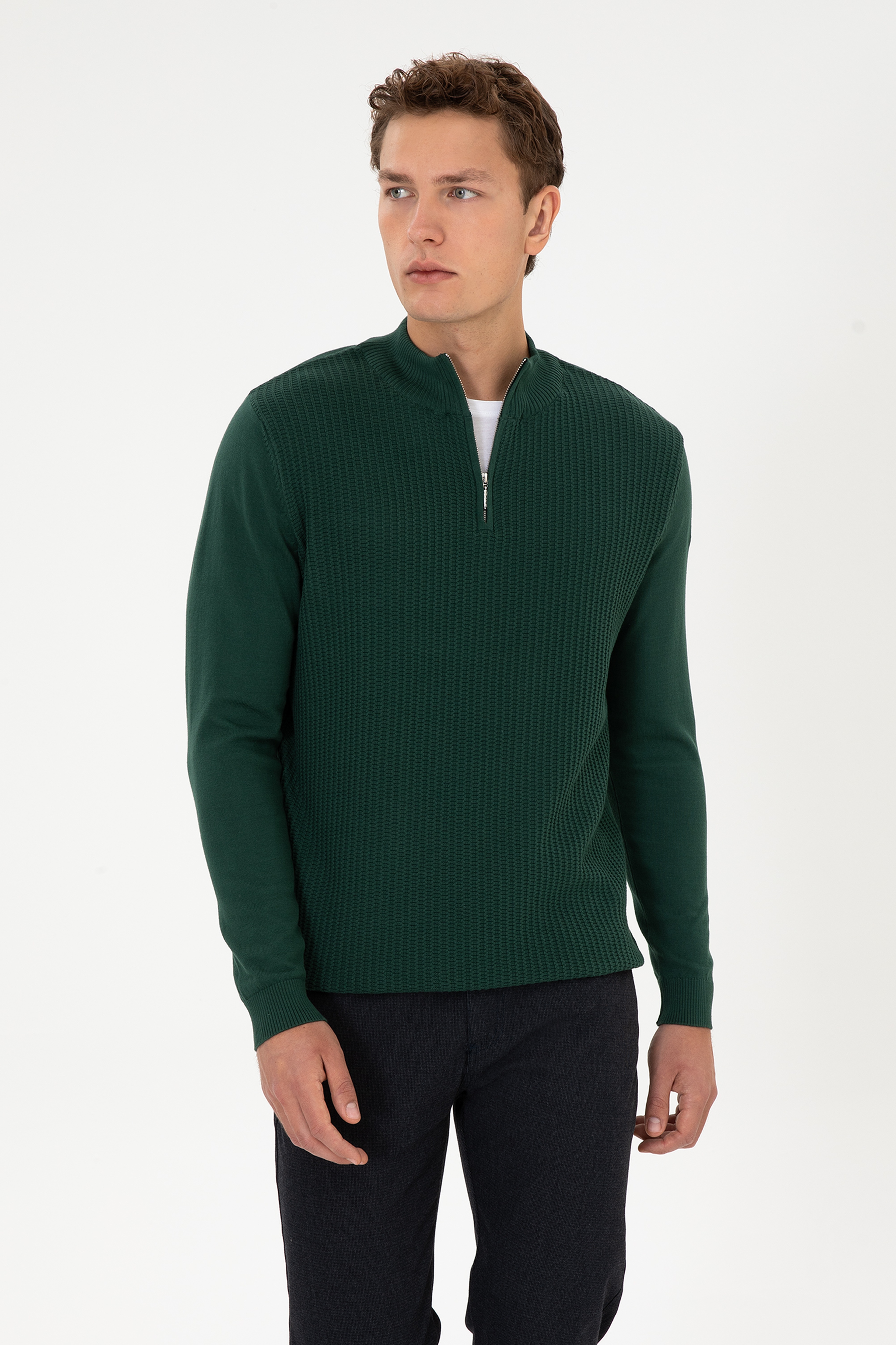 Erkek Slim Fit Yarım Fermuarlı Koyu Yeşil Kazak