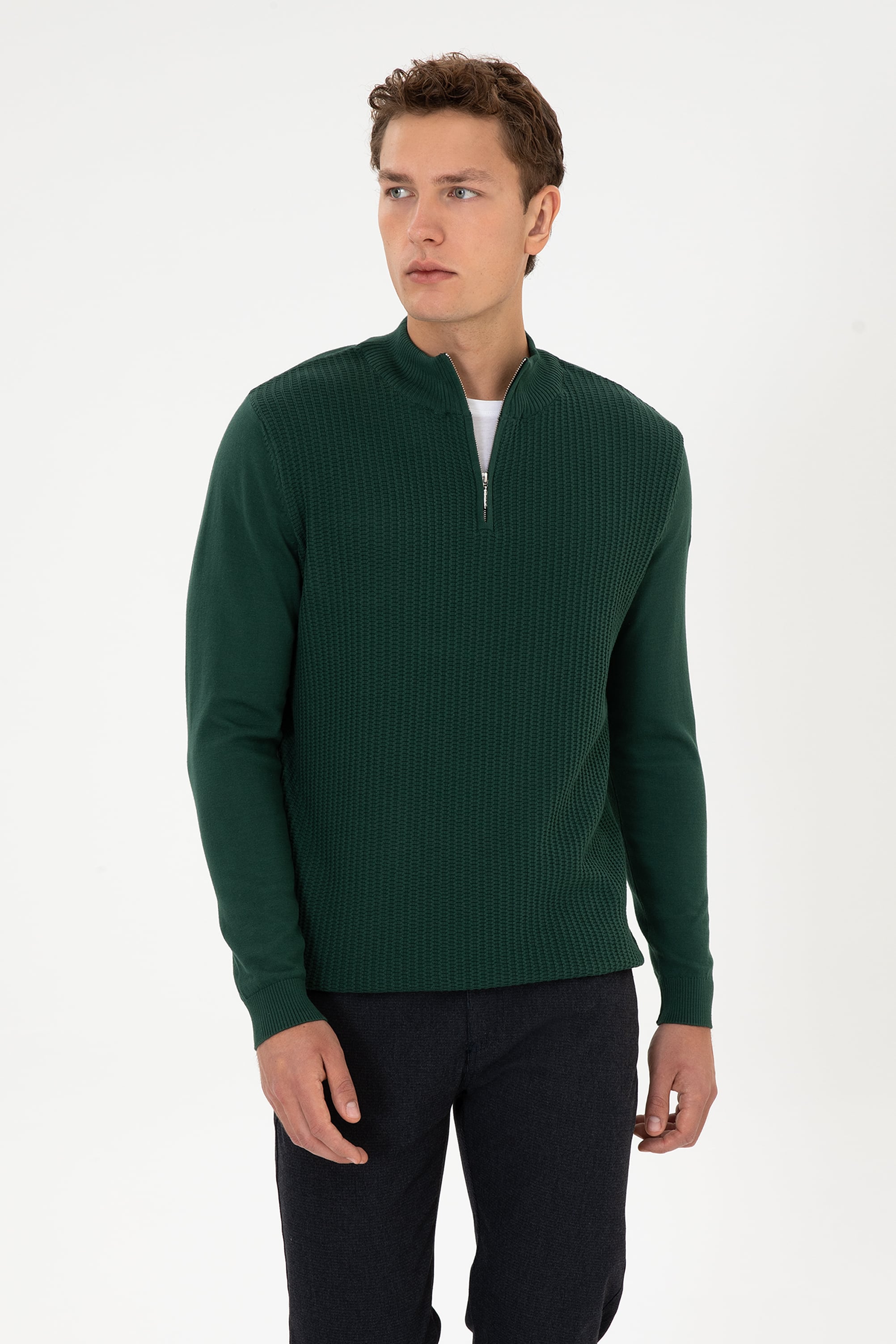 Erkek Slim Fit Yarım Fermuarlı Koyu Yeşil Kazak