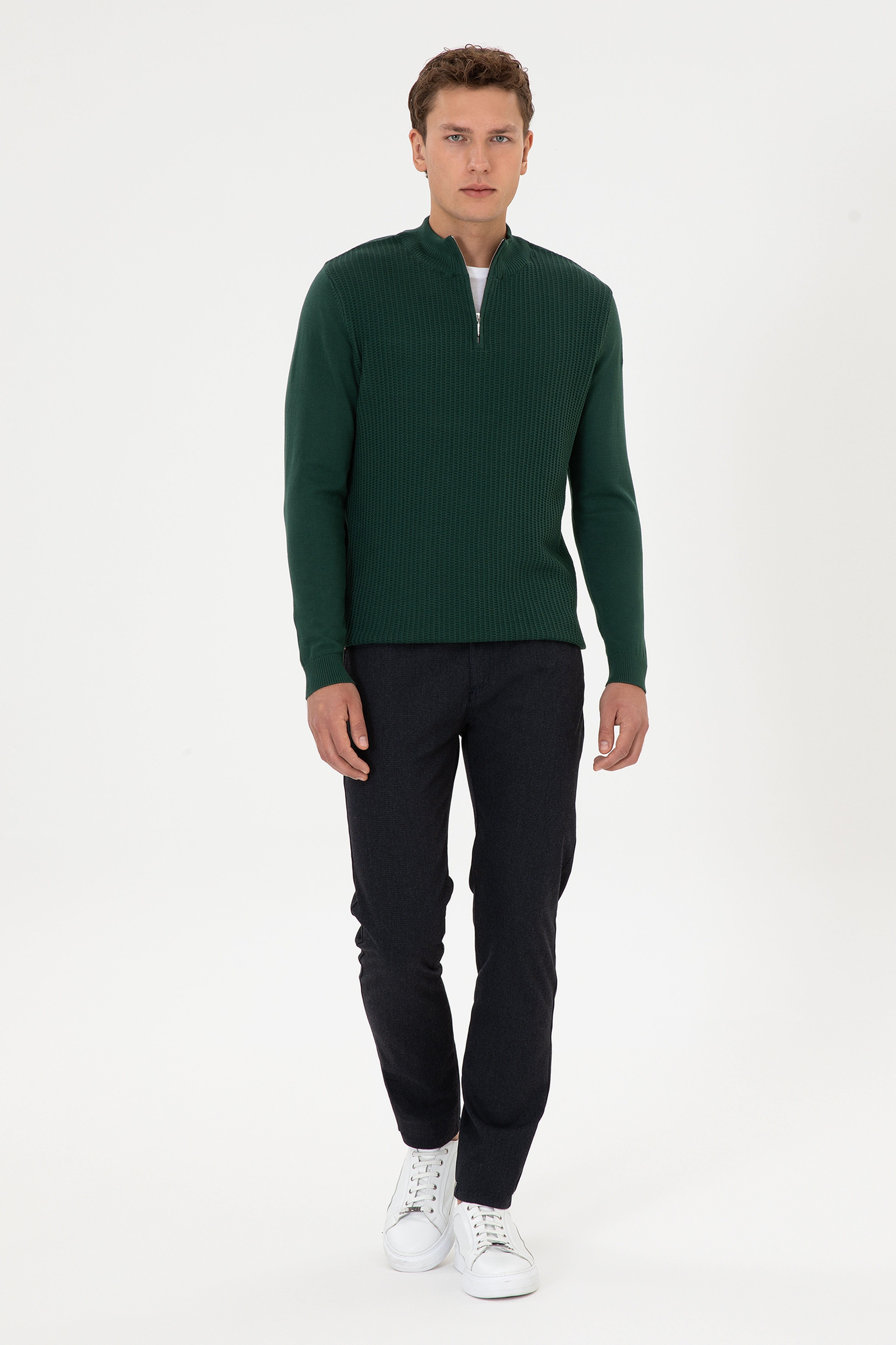 Erkek Slim Fit Yarım Fermuarlı Koyu Yeşil Kazak - Image 4