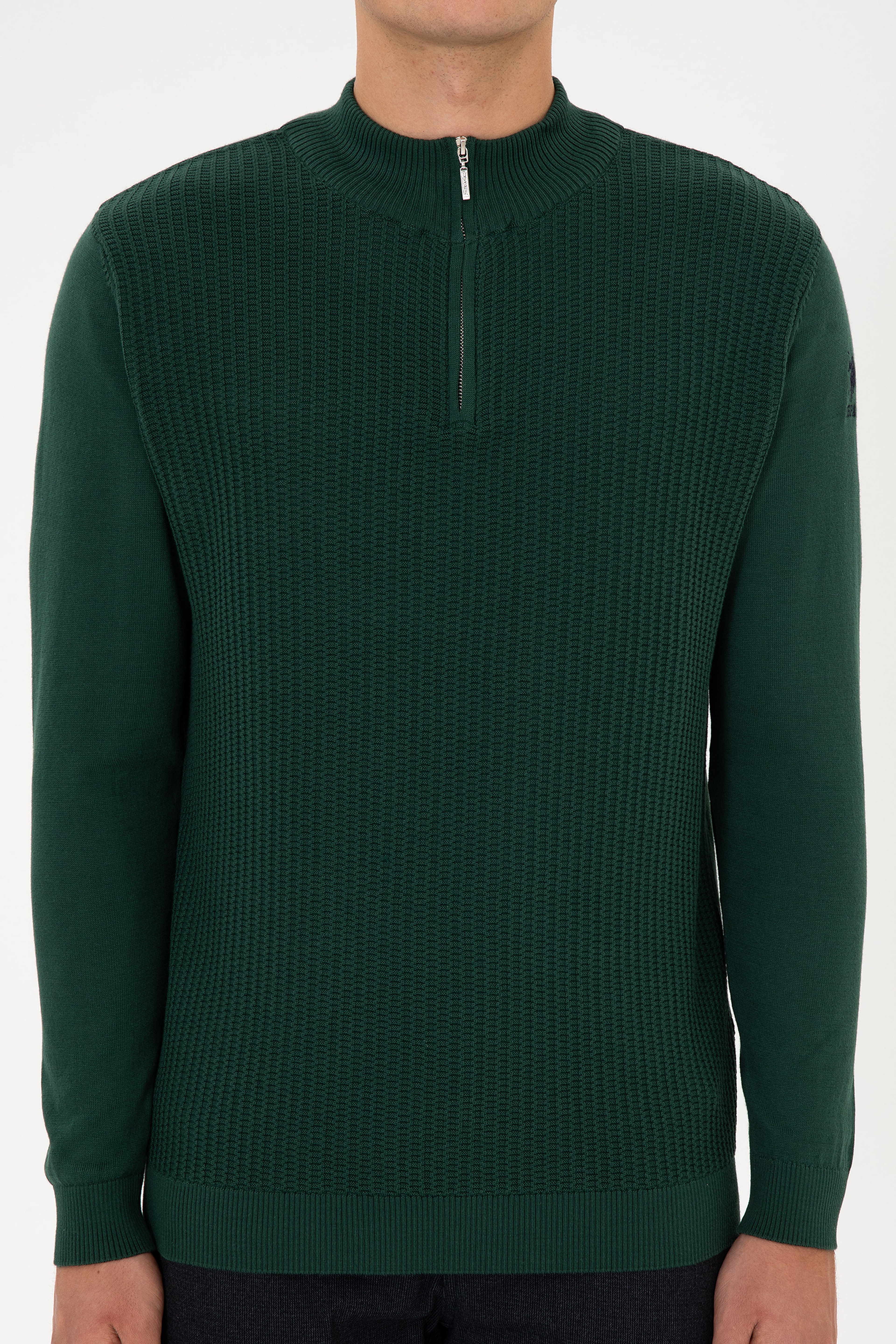 Erkek Slim Fit Yarım Fermuarlı Koyu Yeşil Kazak