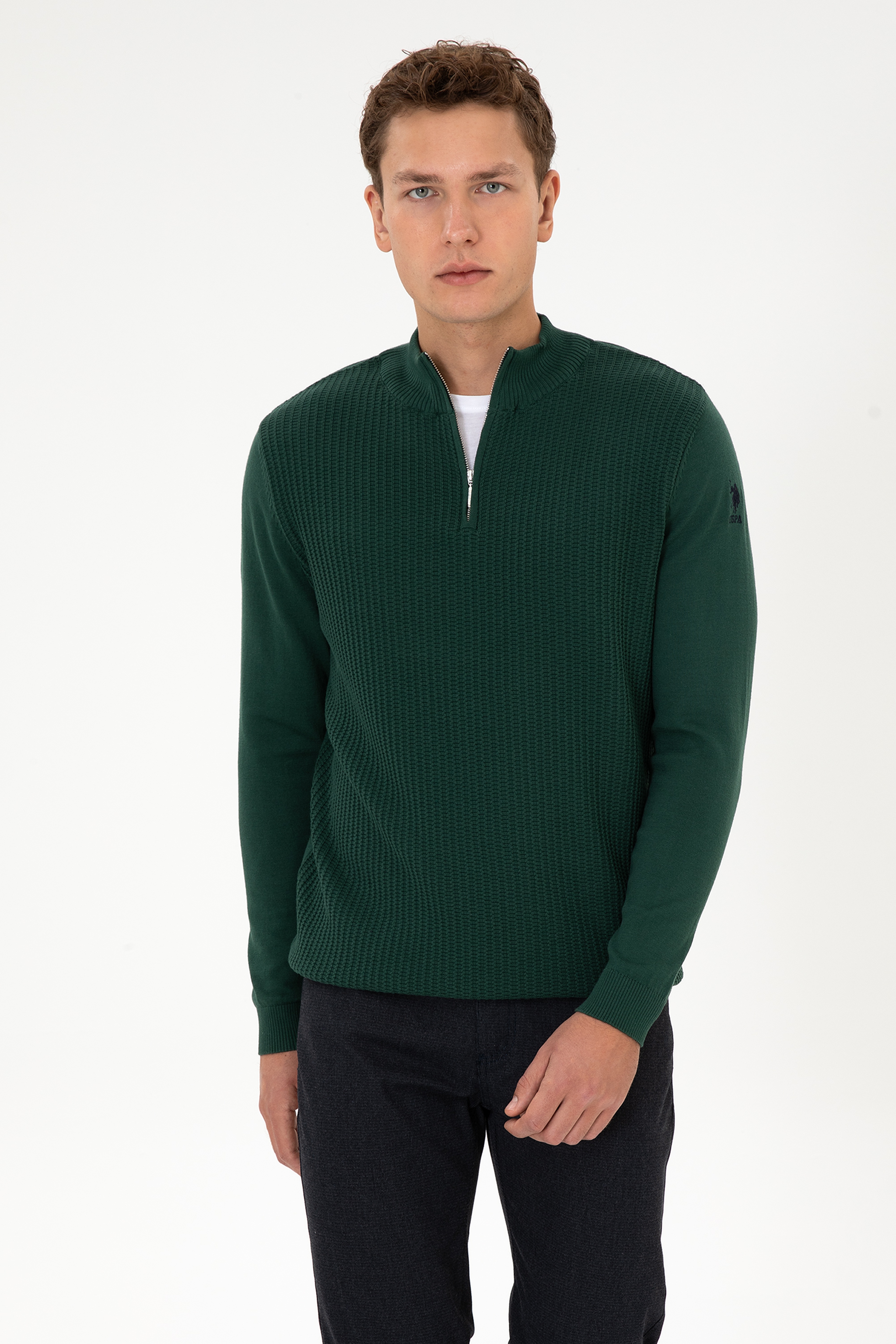 Erkek Slim Fit Yarım Fermuarlı Koyu Yeşil Kazak - Image 3