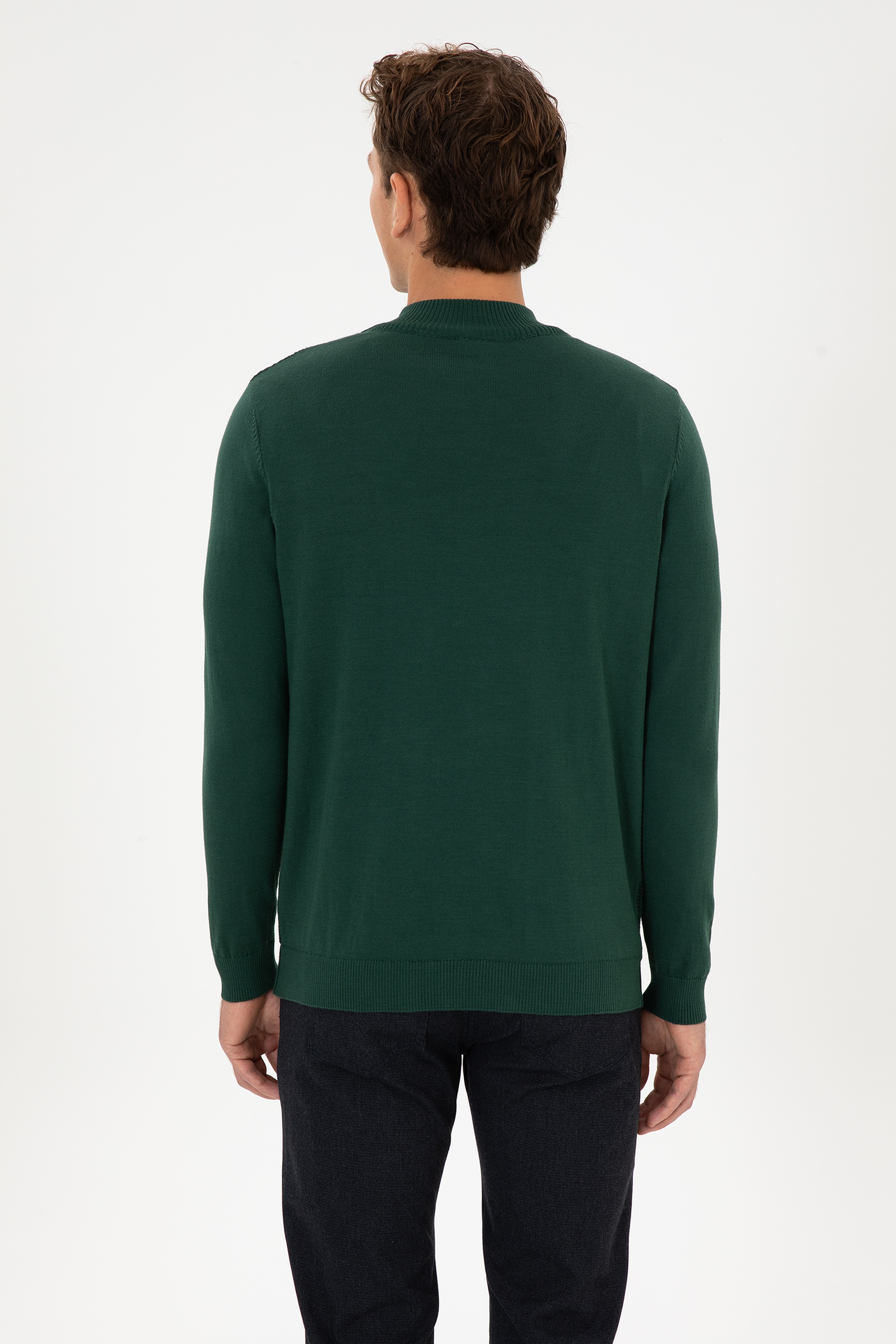 Erkek Slim Fit Yarım Fermuarlı Koyu Yeşil Kazak - Image 5