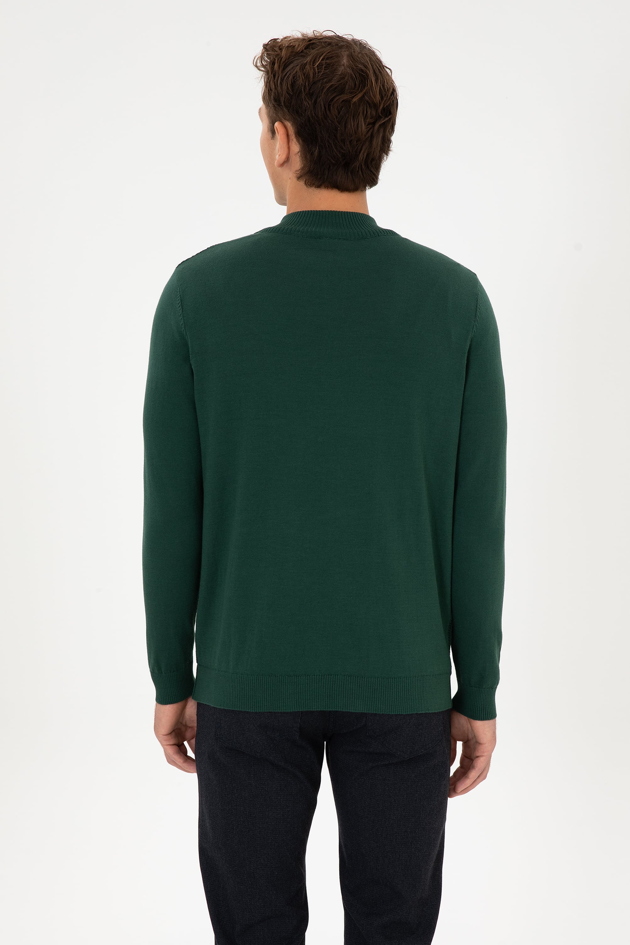 Erkek Slim Fit Yarım Fermuarlı Koyu Yeşil Kazak