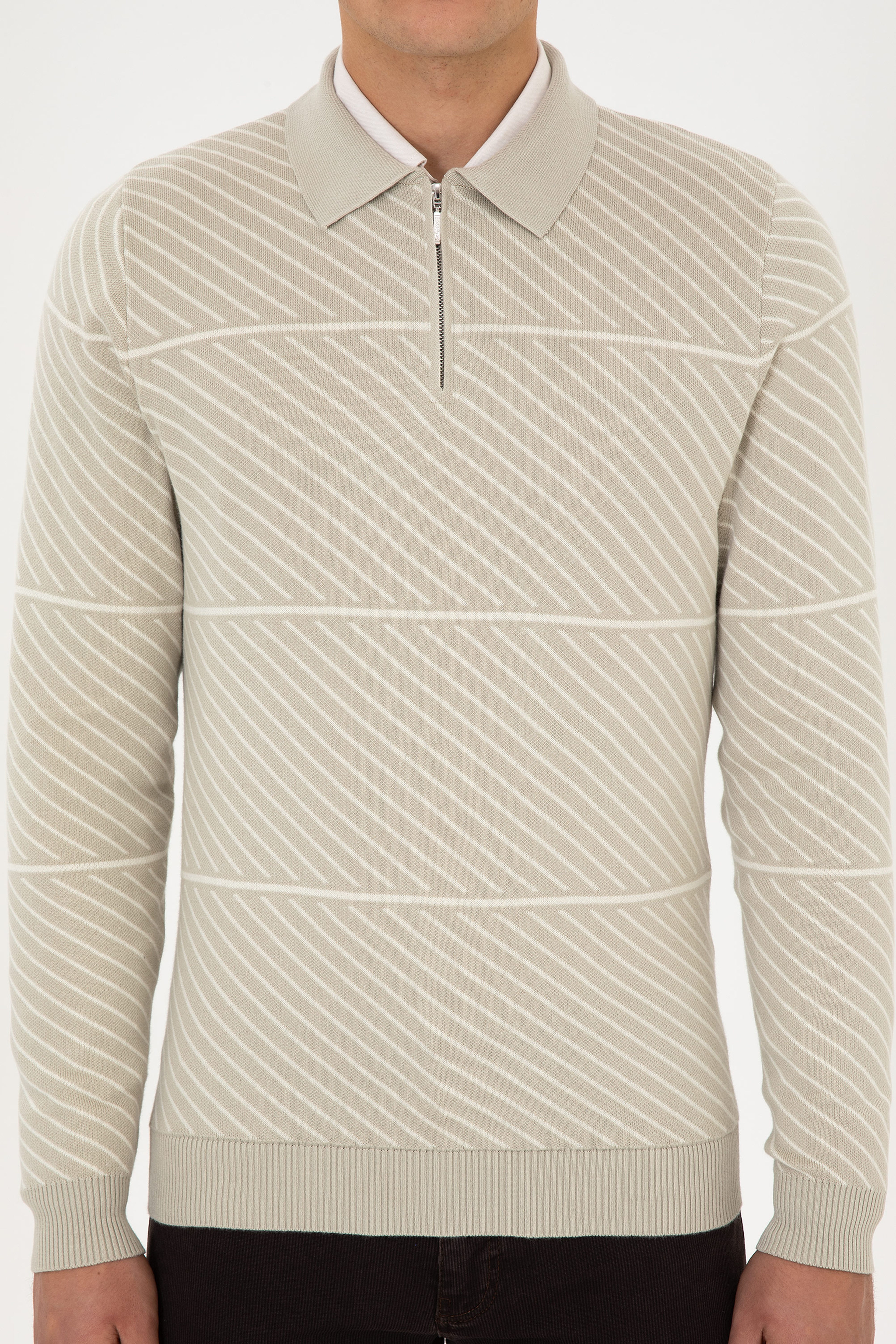 Erkek Slim Fit Yarım Fermuarlı Polo Yaka Açık Haki Kazak - Image 6