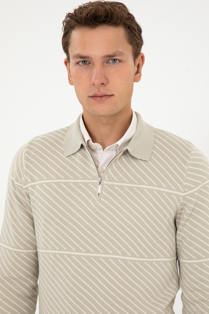 Erkek Slim Fit Yarım Fermuarlı Polo Yaka Açık Haki Kazak