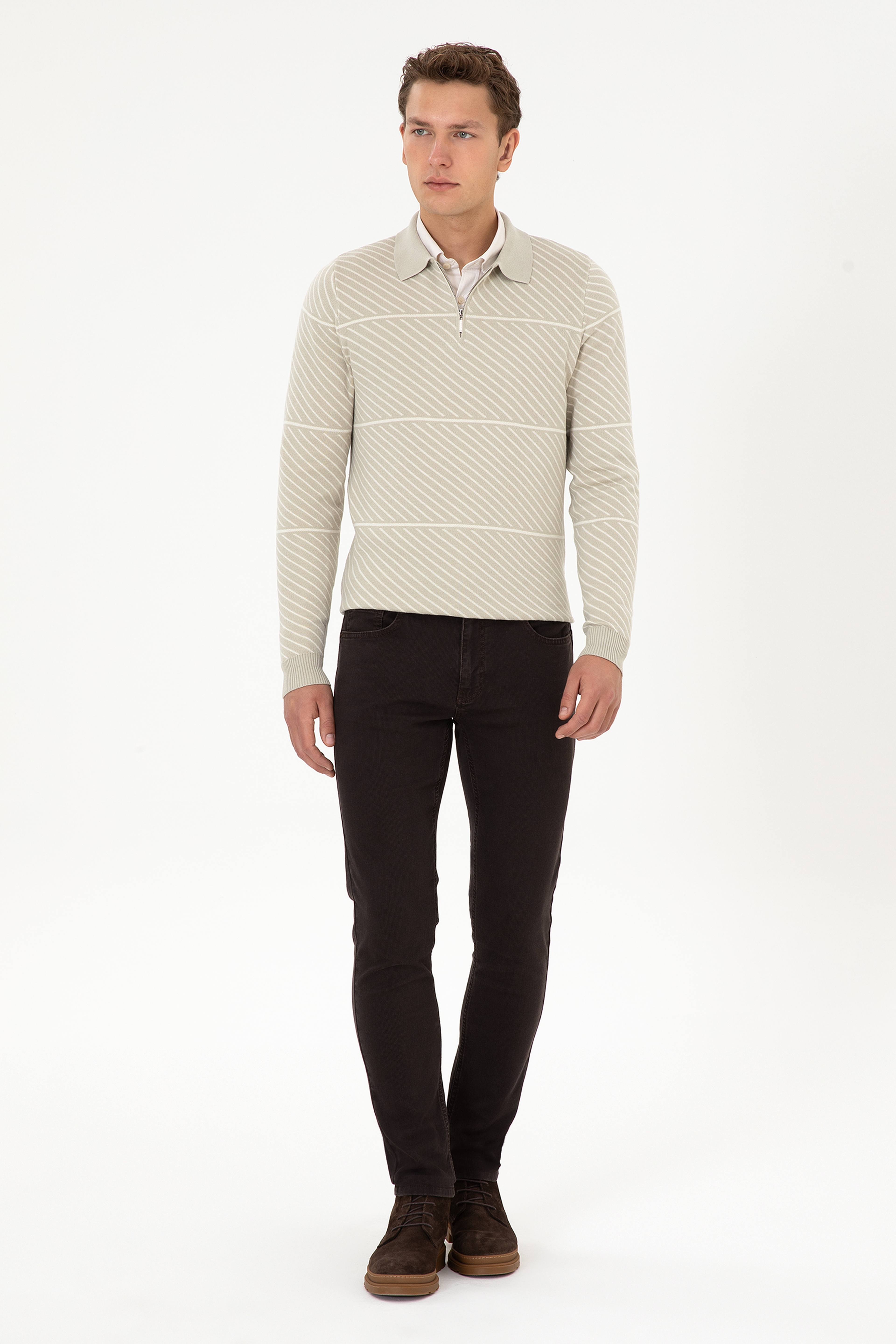 Erkek Slim Fit Yarım Fermuarlı Polo Yaka Açık Haki Kazak - Image 4