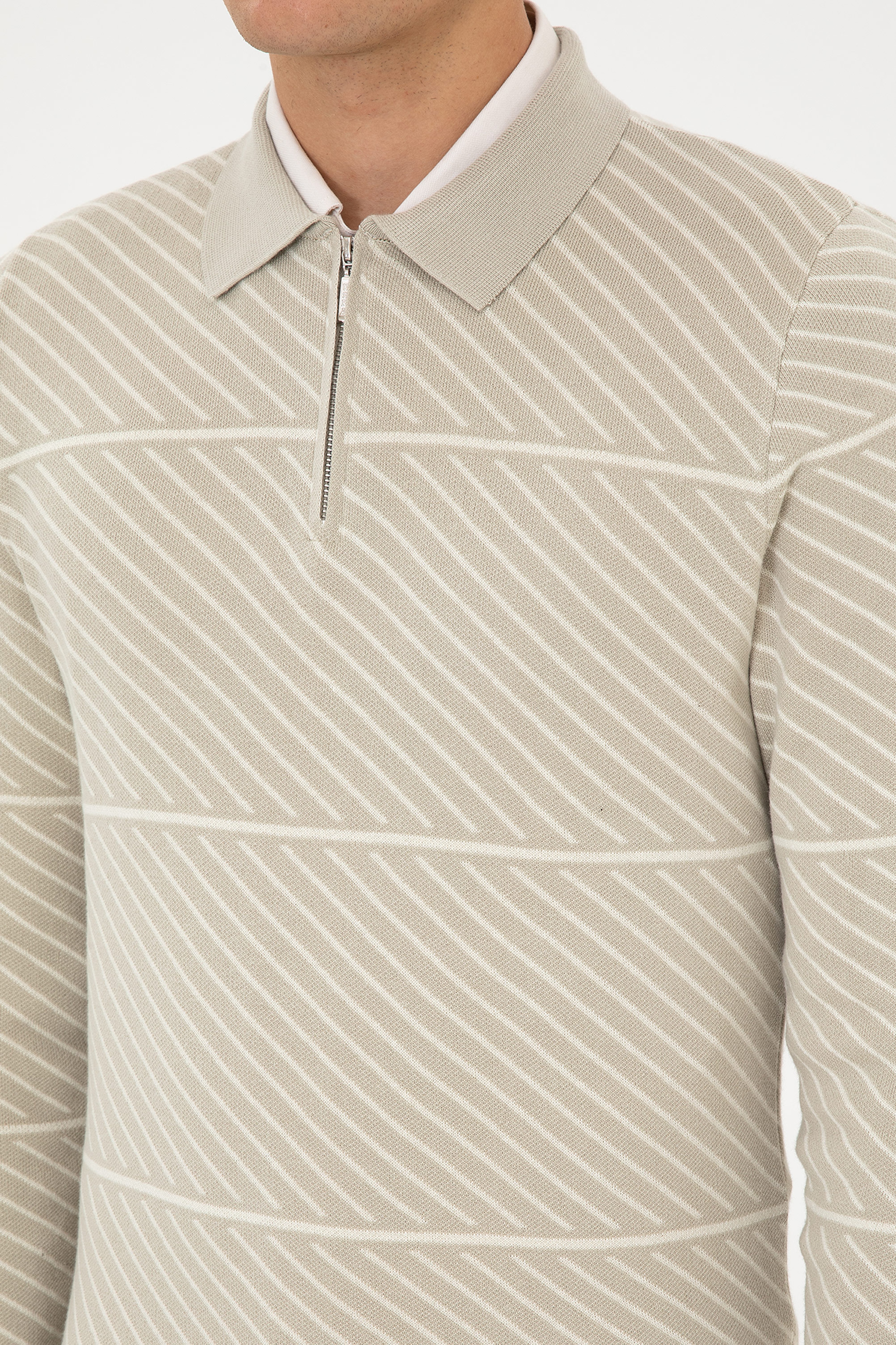 Erkek Slim Fit Yarım Fermuarlı Polo Yaka Açık Haki Kazak