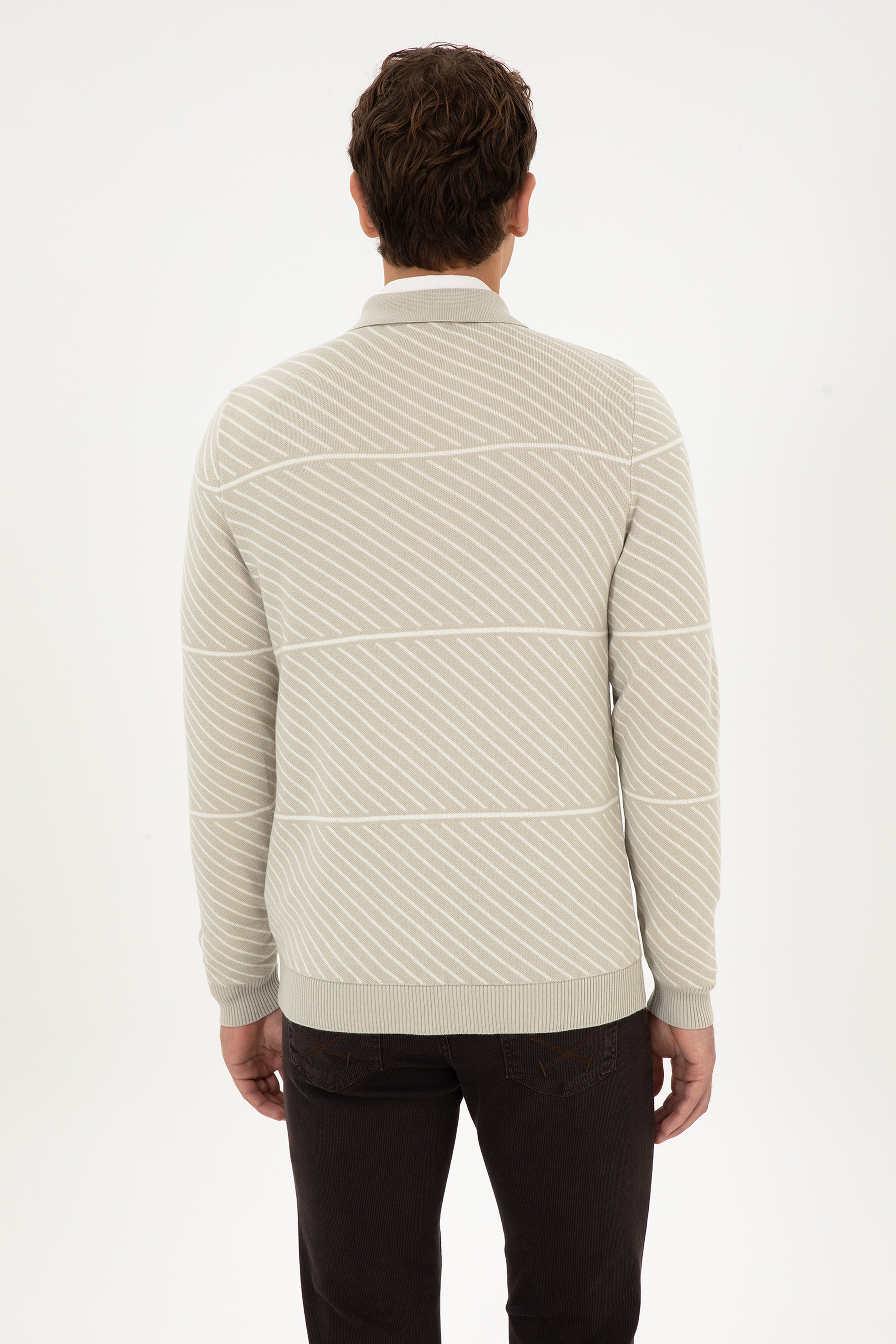 Erkek Slim Fit Yarım Fermuarlı Polo Yaka Açık Haki Kazak - Image 5