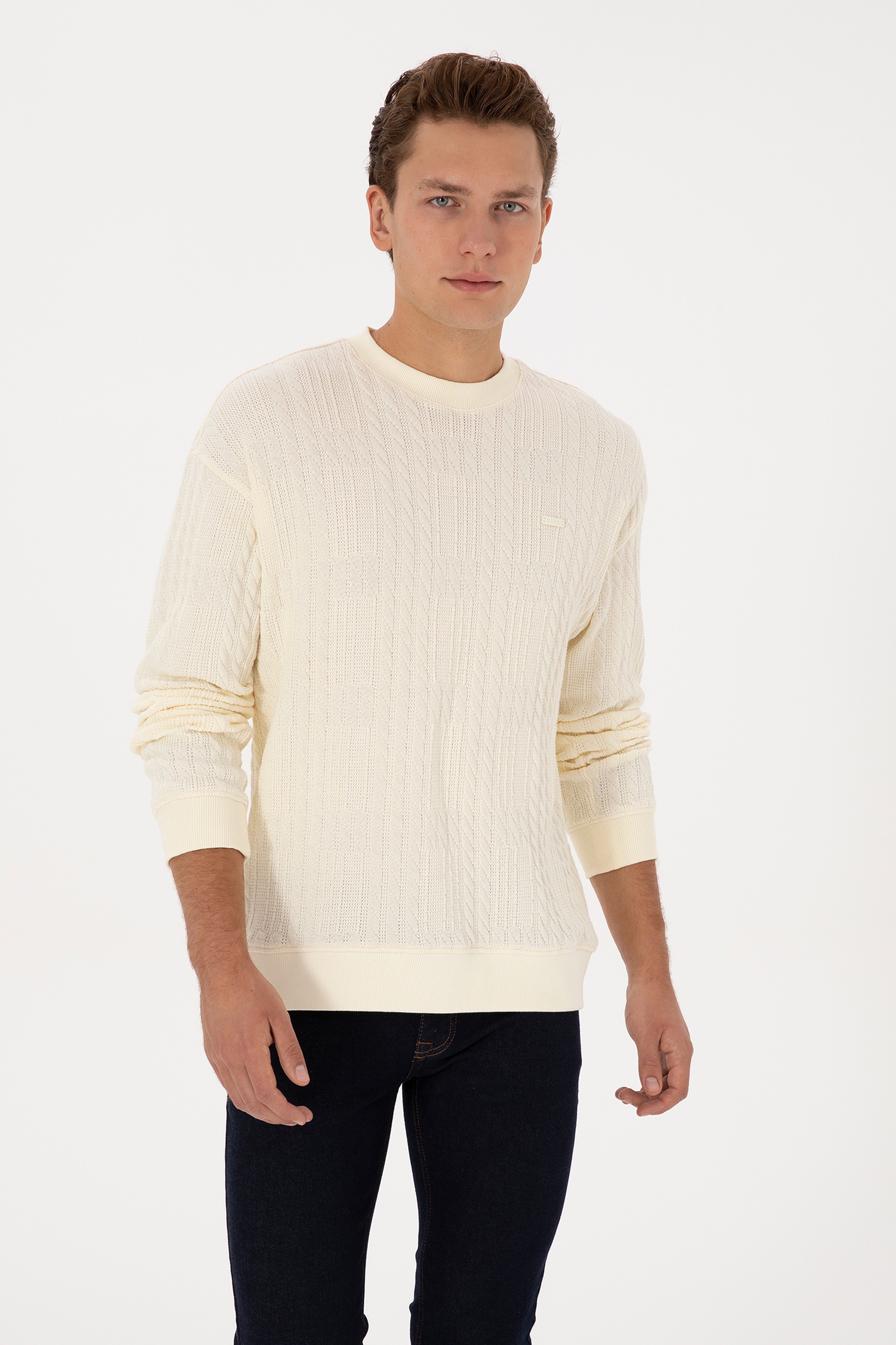 Erkek Comfort Fit Bisiklet Yaka Krem Sweatshirt - Image 1