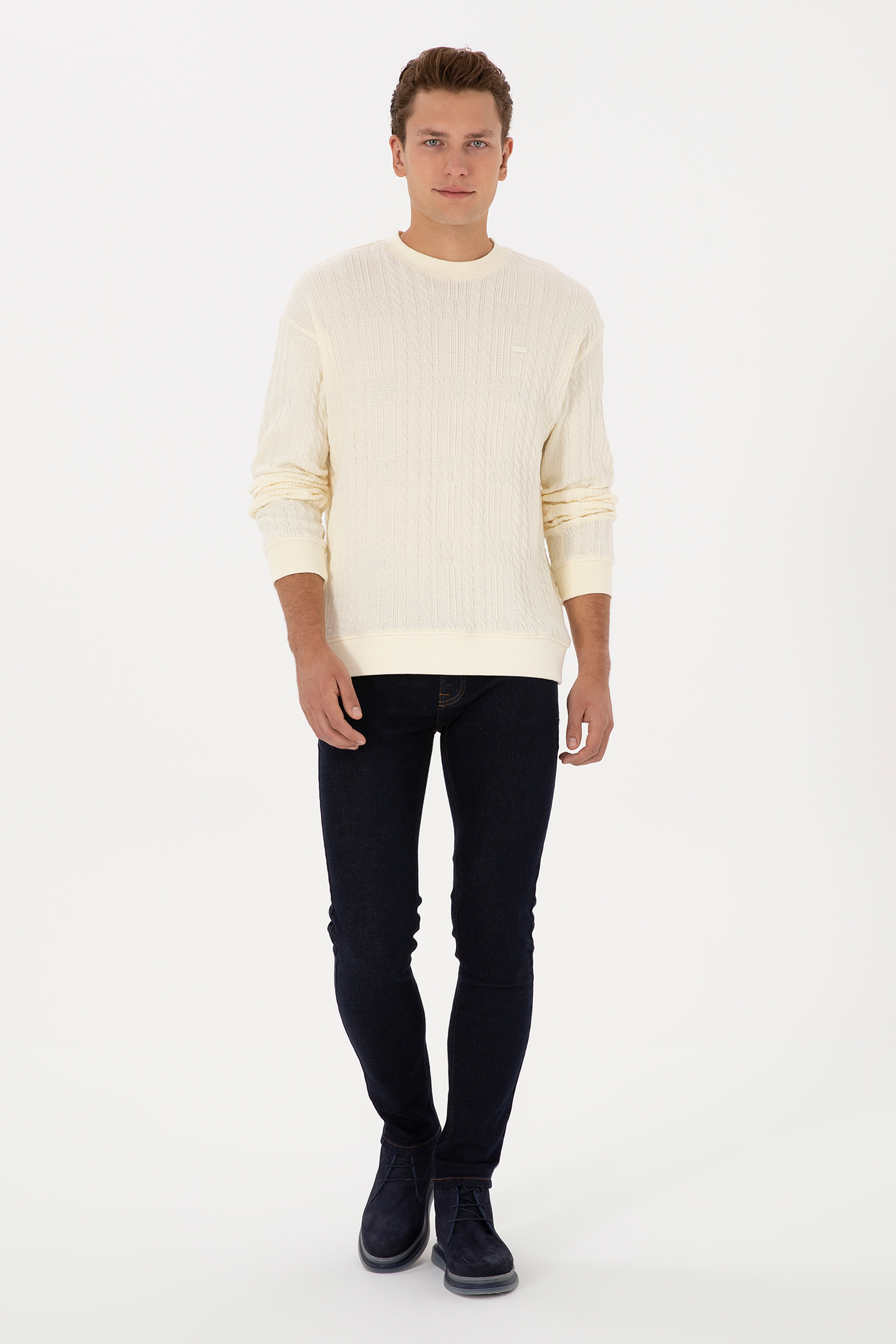 Erkek Comfort Fit Bisiklet Yaka Krem Sweatshirt - Image 4