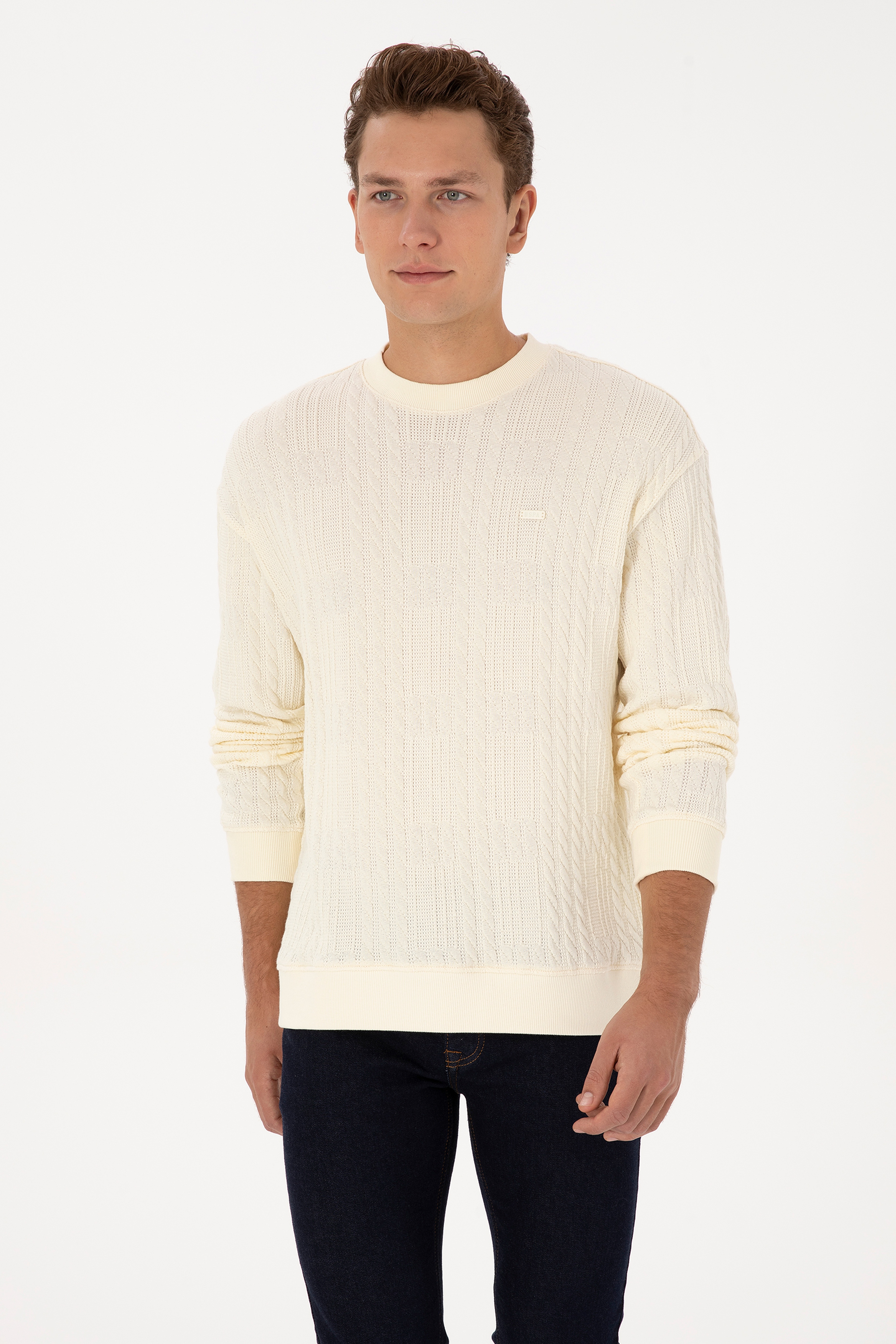 Erkek Comfort Fit Bisiklet Yaka Krem Sweatshirt - Image 3