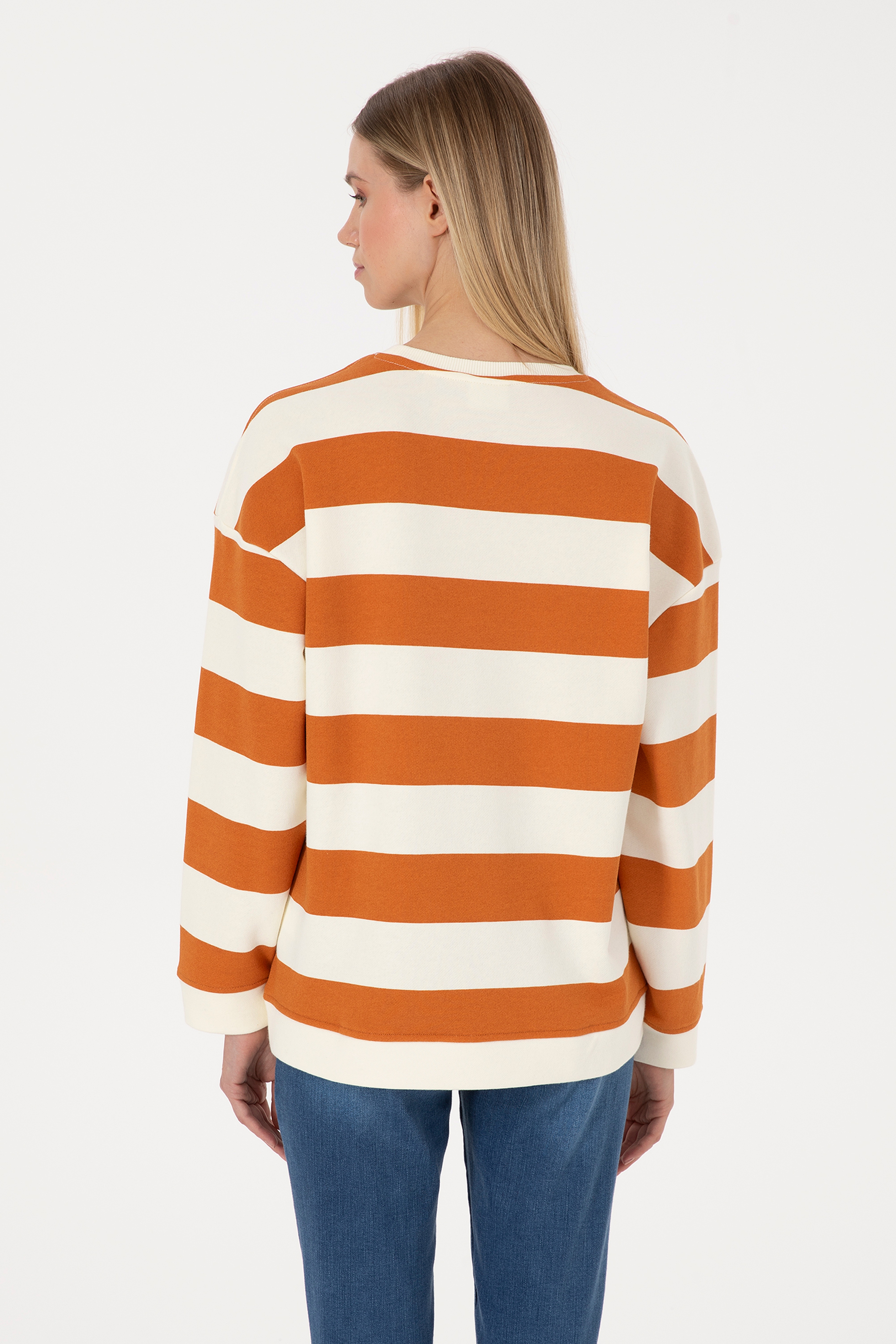 Kadın Bakır Çizgili Bisiklet Yaka Sweatshirt - Image 5