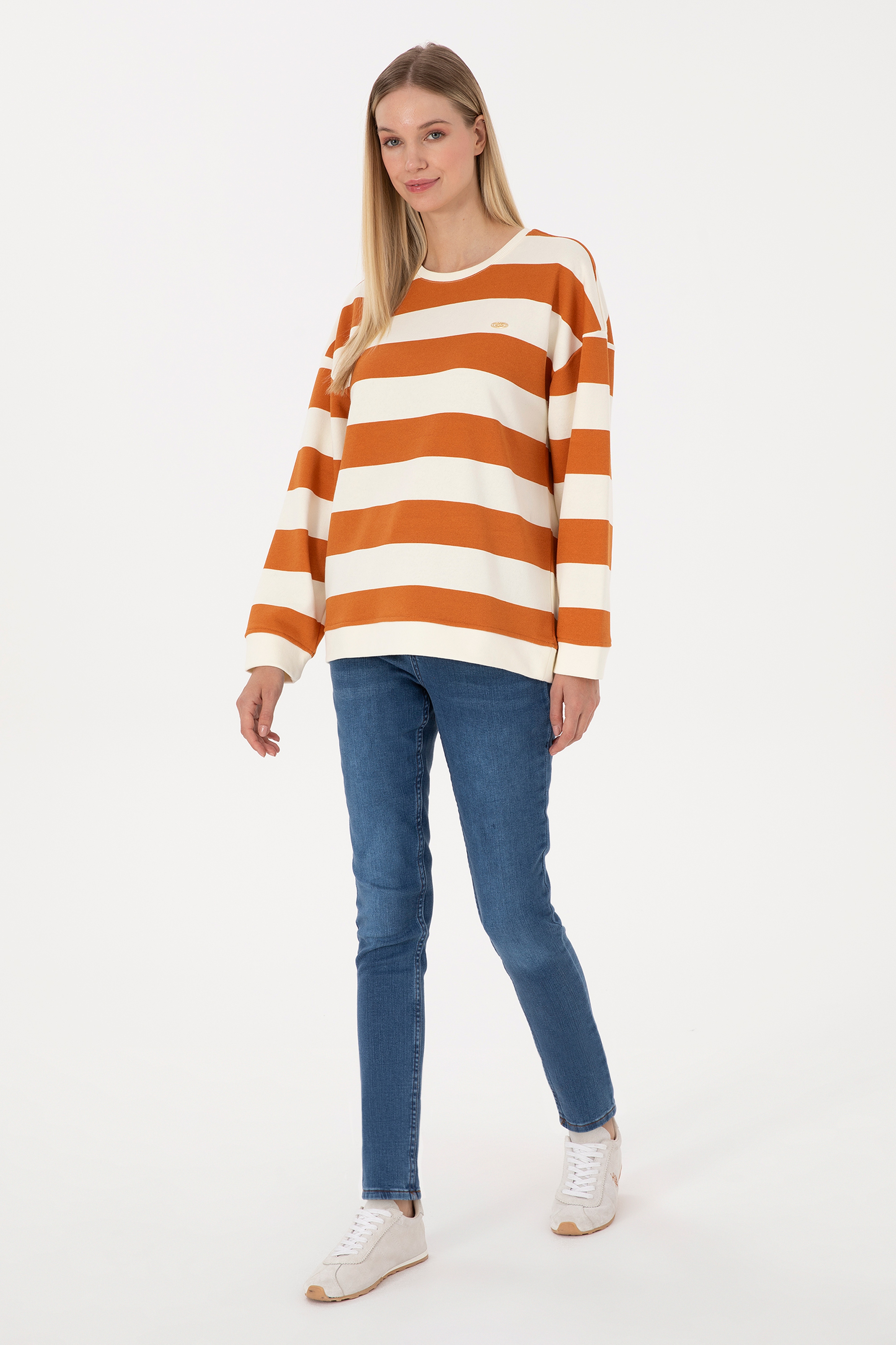 Kadın Bakır Çizgili Bisiklet Yaka Sweatshirt - Image 4