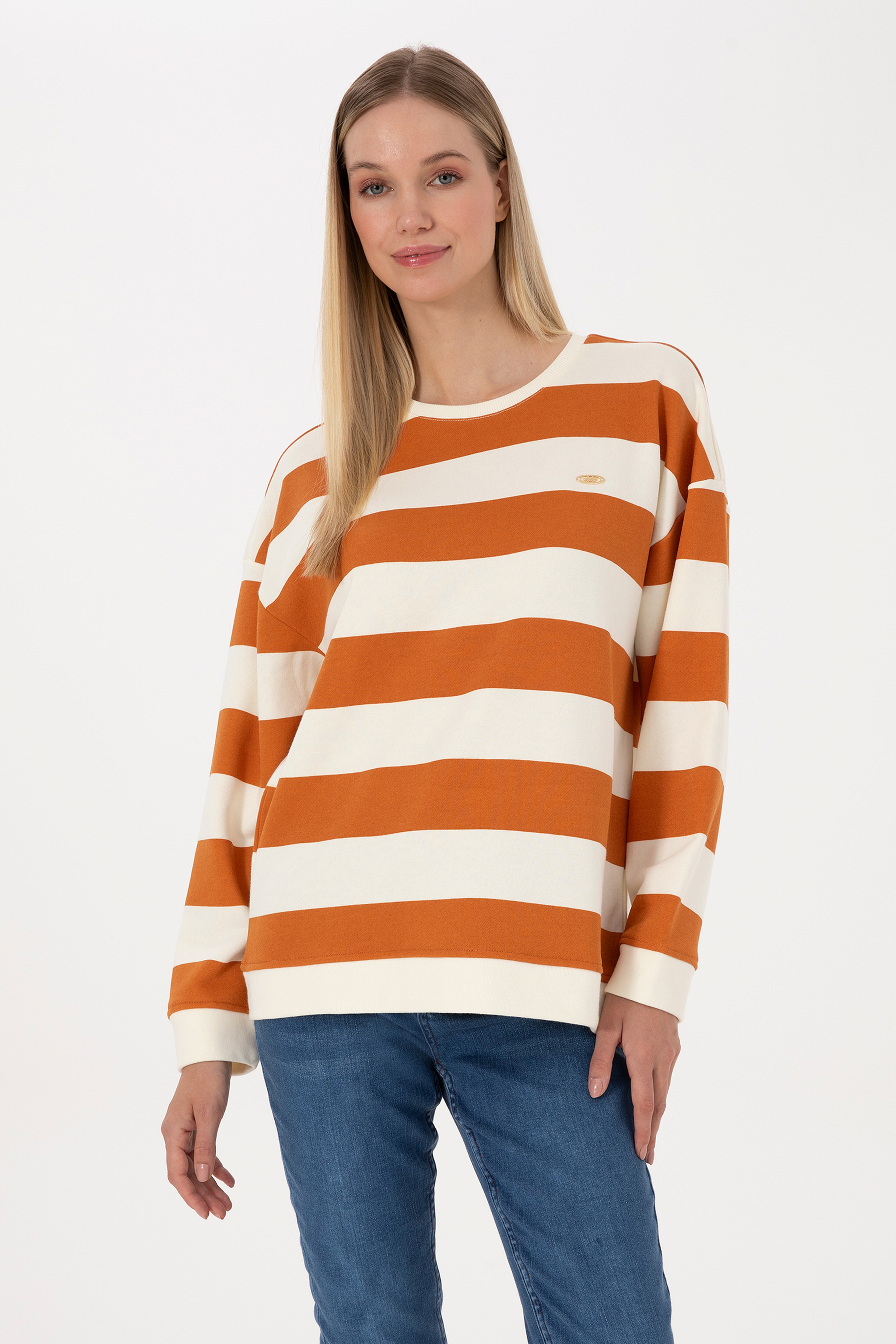 Kadın Bakır Çizgili Bisiklet Yaka Sweatshirt