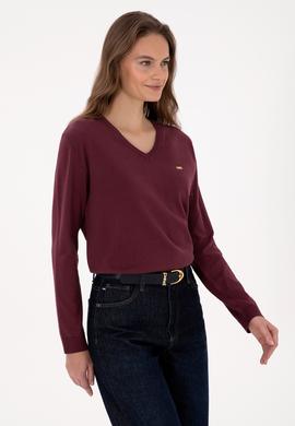 Kadın Bordo V Yaka Basic Kazak - 50313598031