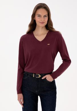 Kadın Bordo V Yaka Basic Kazak - 50313598031