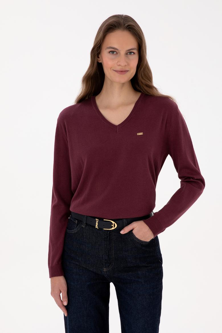 Kadın Bordo V Yaka Basic Kazak - 50313598031