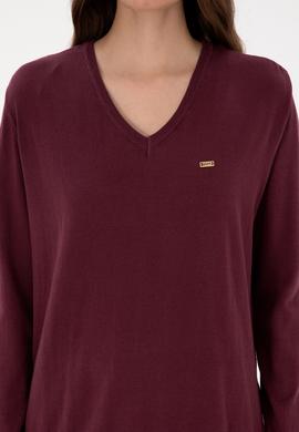 Kadın Bordo V Yaka Basic Kazak - 50313598031