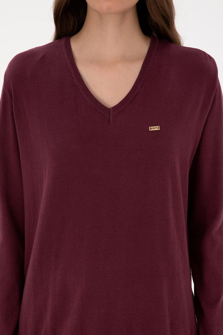 Kadın Bordo V Yaka Basic Kazak - 50313598031