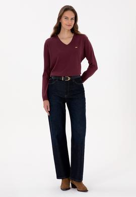 Kadın Bordo V Yaka Basic Kazak - 50313598031