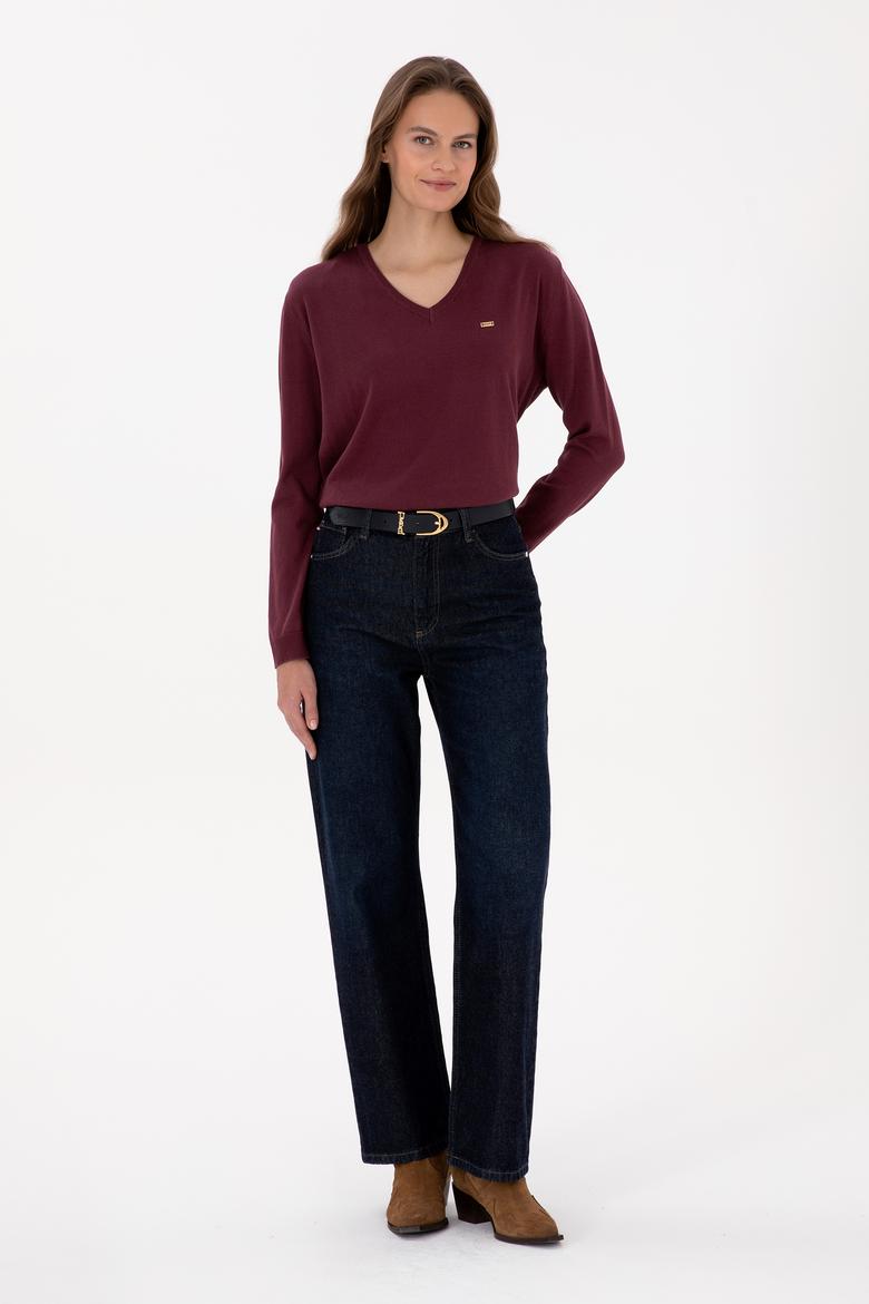 Kadın Bordo V Yaka Basic Kazak - 50313598031