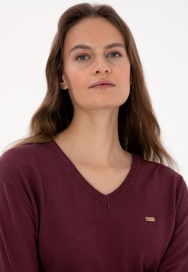 Kadın Bordo V Yaka Basic Kazak - 50313598031