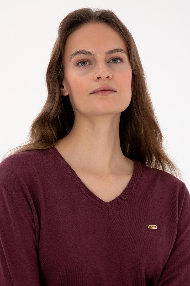 Kadın Bordo V Yaka Basic Kazak