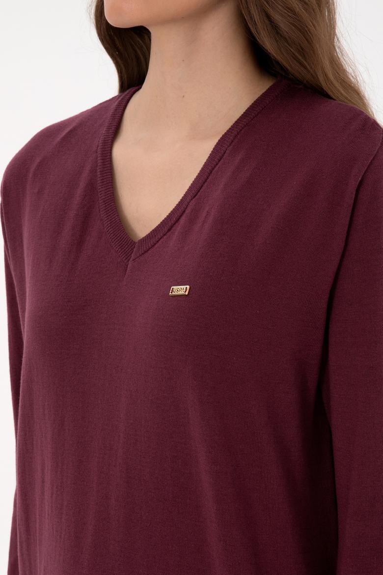 Kadın Bordo V Yaka Basic Kazak - 50313598031