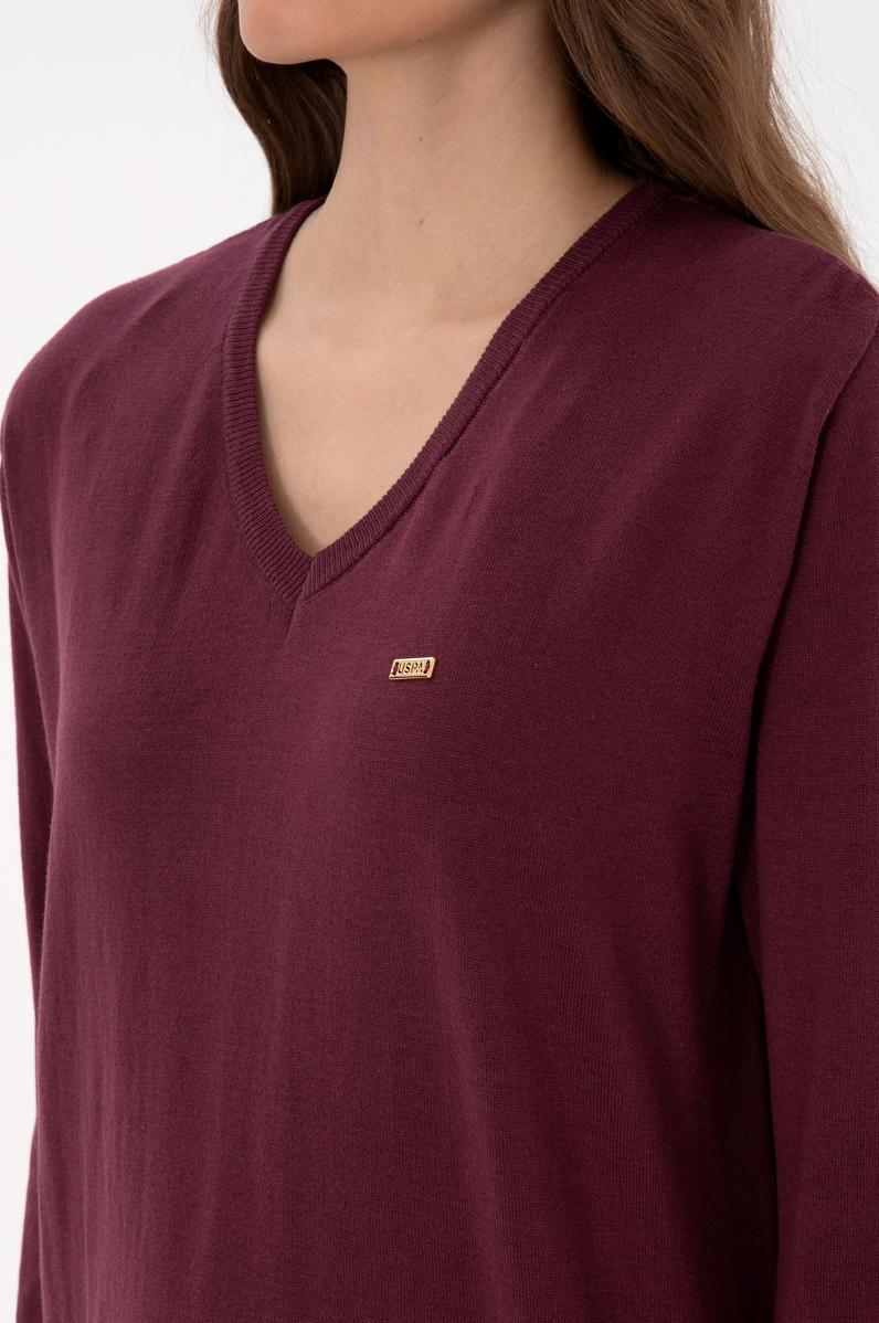 Kadın Bordo V Yaka Basic Kazak