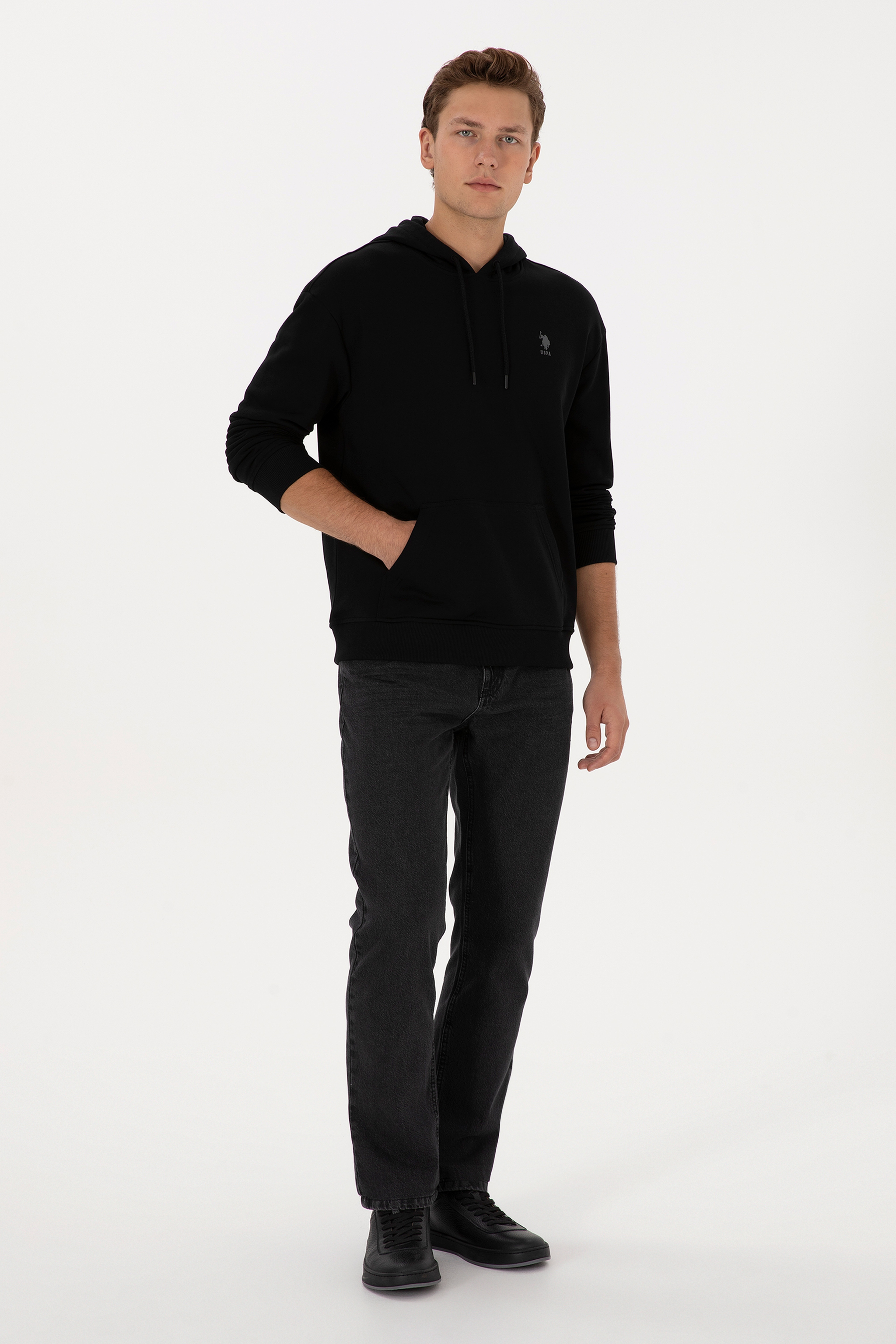 Erkek Comfort Fit Kapüşonlu Siyah Basic Sweatshirt
